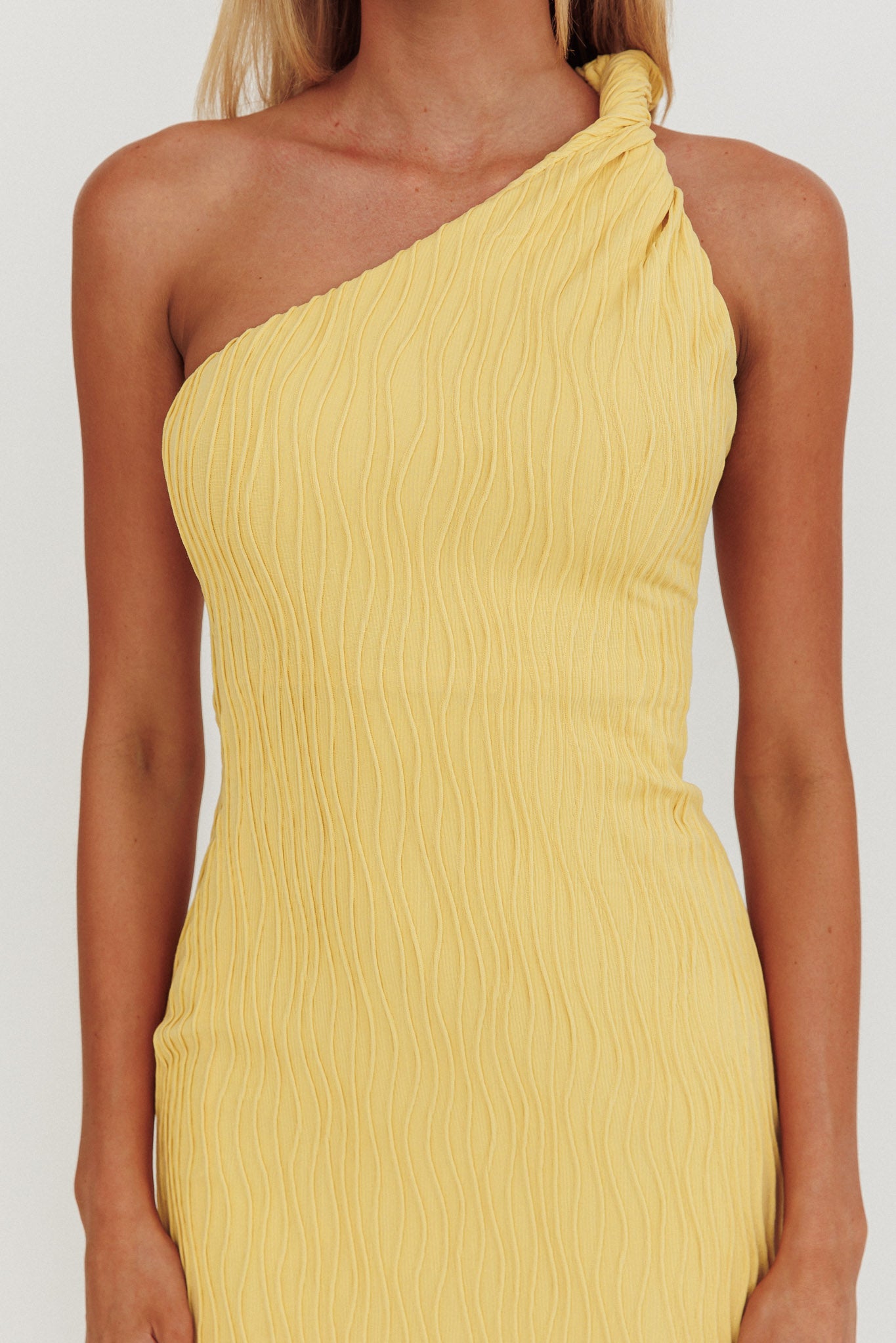 Lingering Love One-Shoulder Twist Midi Dress Lemon by Selfie Leslie