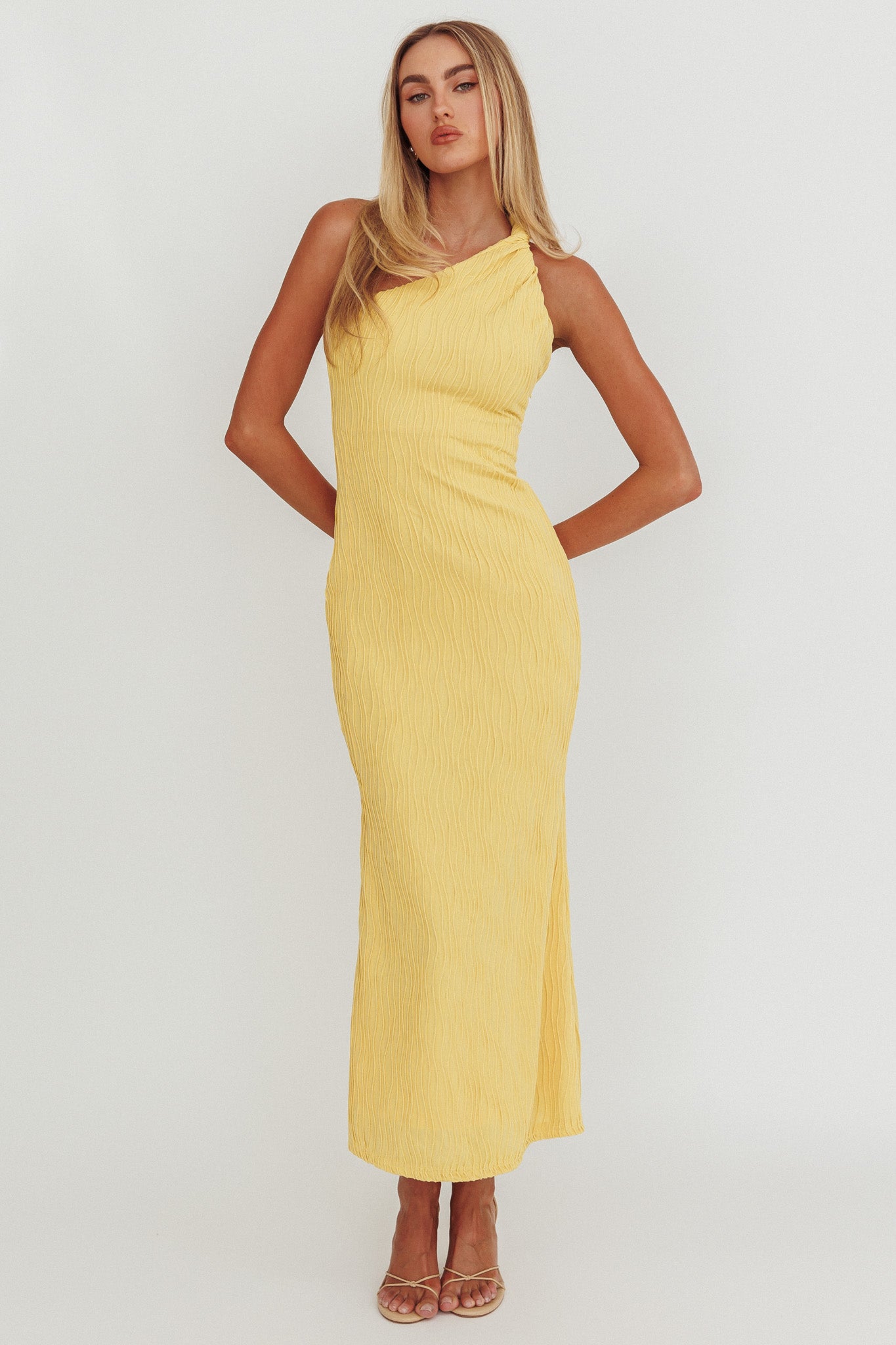 Lingering Love One-Shoulder Twist Midi Dress Lemon by Selfie Leslie