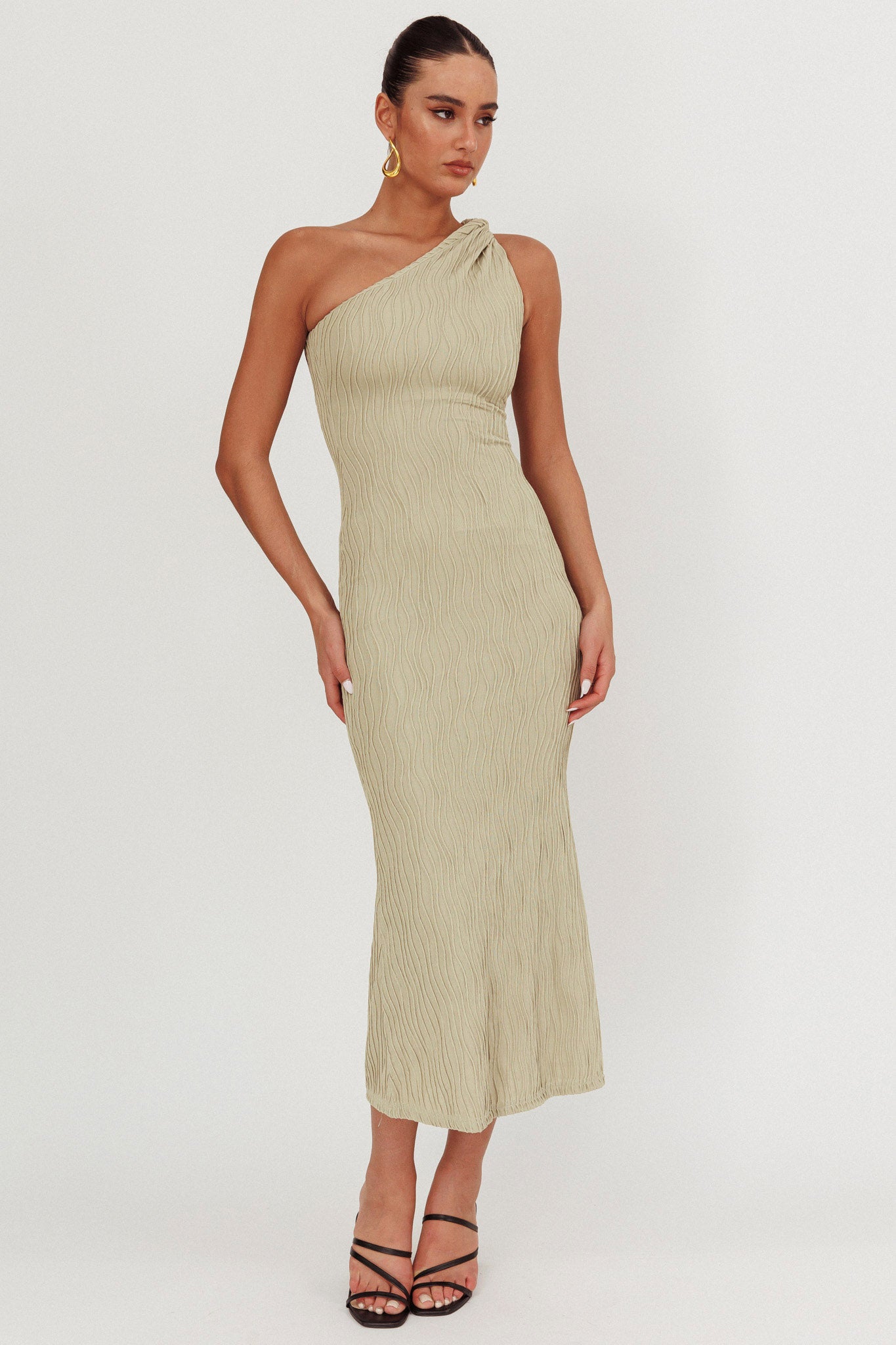 Lingering Love One-Shoulder Twist Midi Dress Sage by Selfie Leslie
