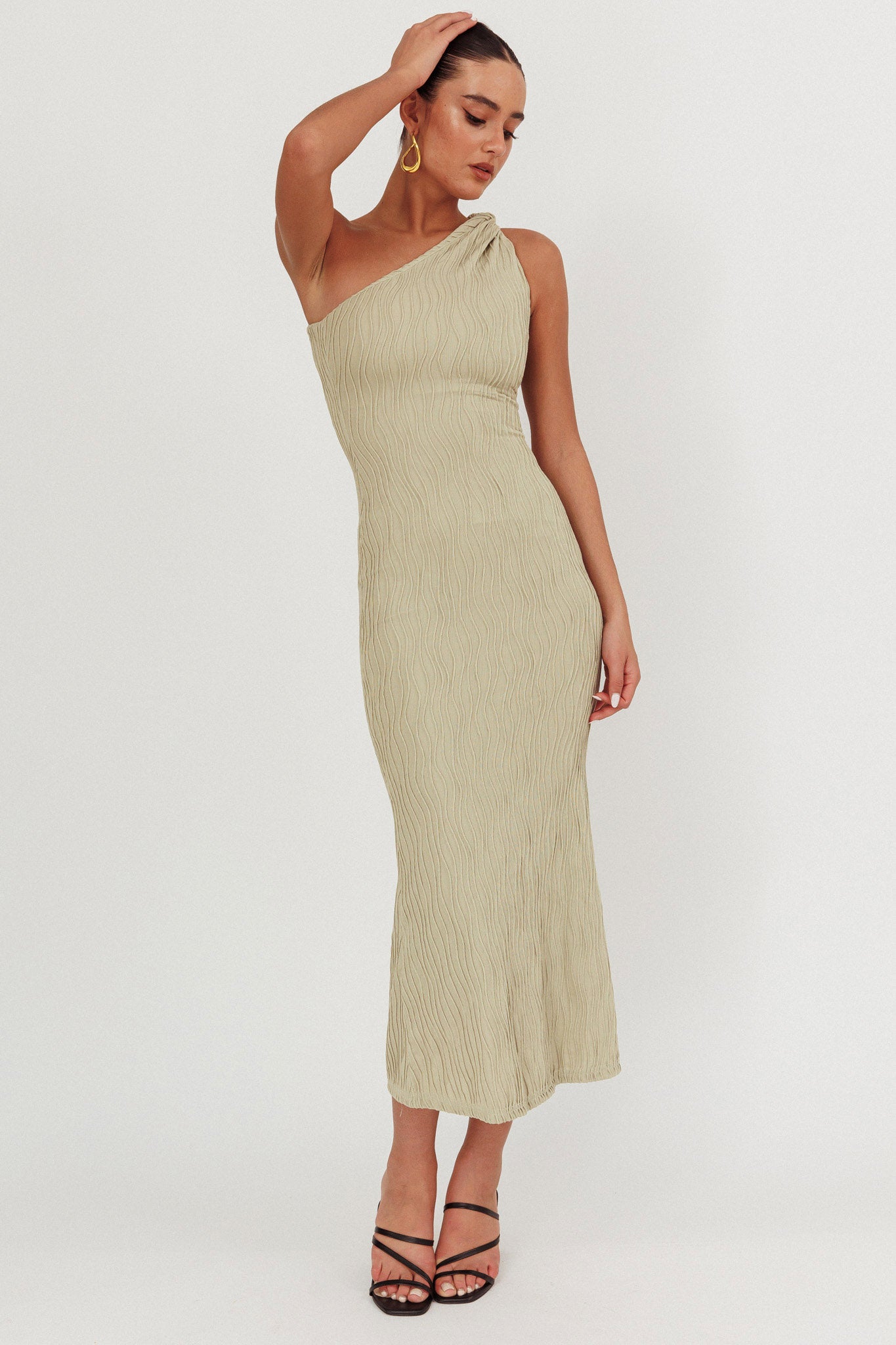 Lingering Love One-Shoulder Twist Midi Dress Sage by Selfie Leslie