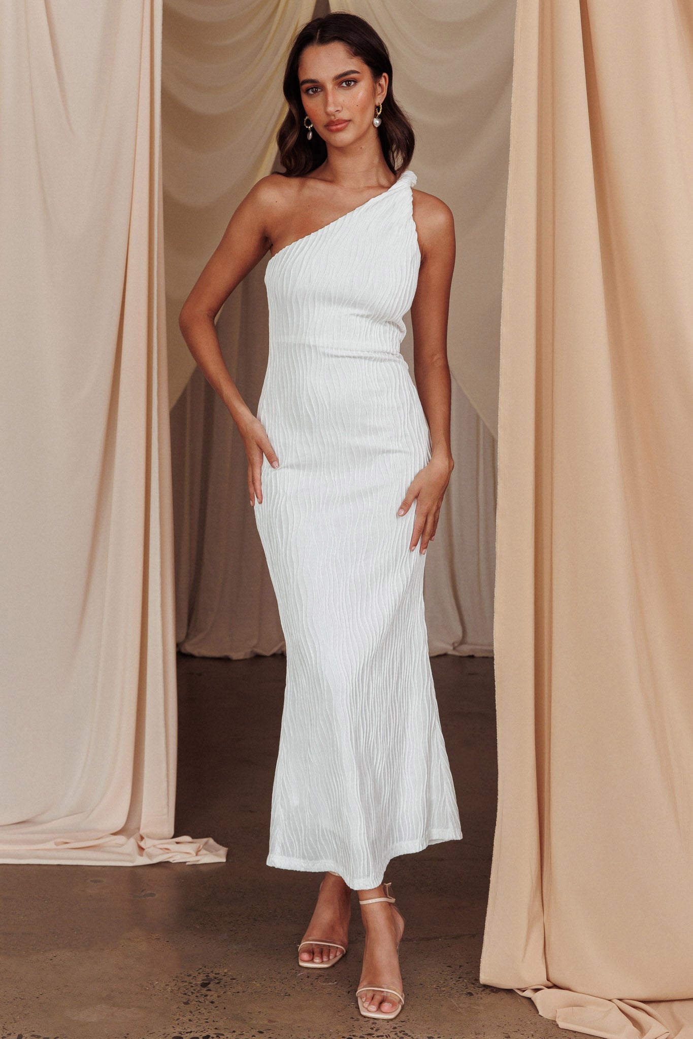 Lingering Love One-Shoulder Twist Midi Dress White by Selfie Leslie