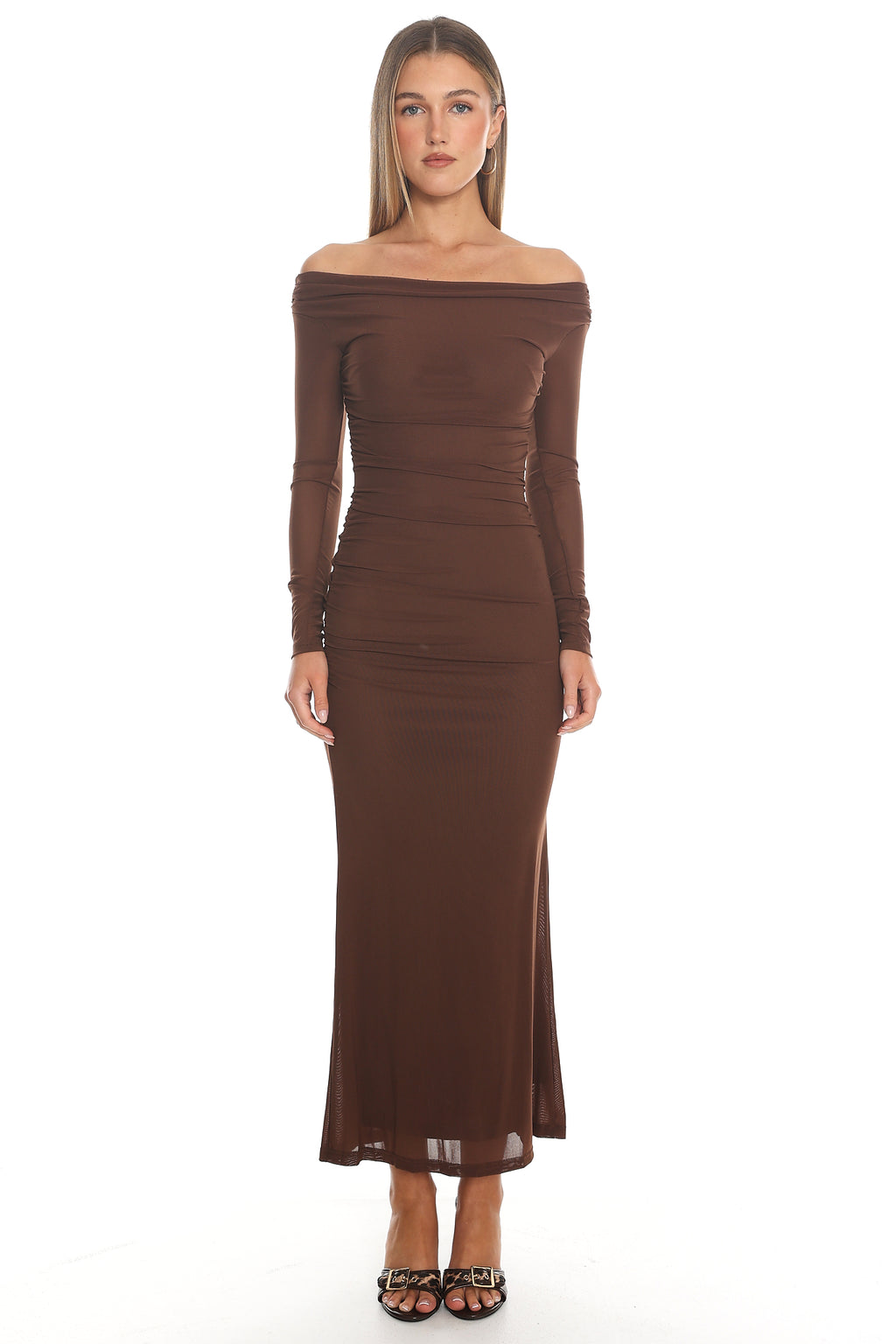 In Blooms Off Shoulder Mesh Maxi Dress Chocolate
