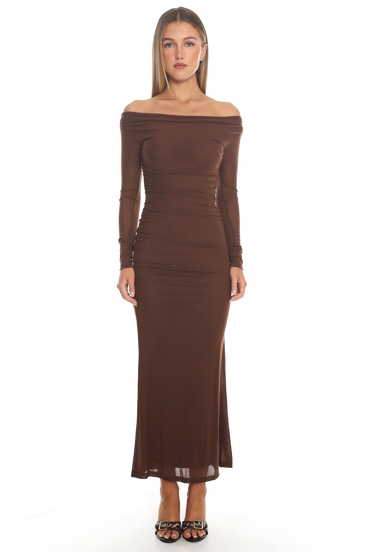 In Blooms Off Shoulder Mesh Maxi Dress Chocolate