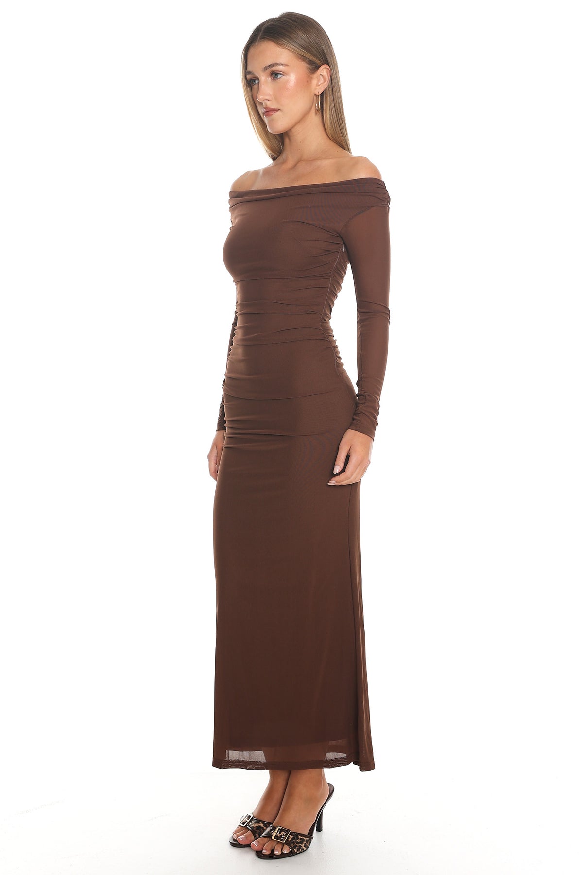 In Blooms Off Shoulder Mesh Maxi Dress Chocolate