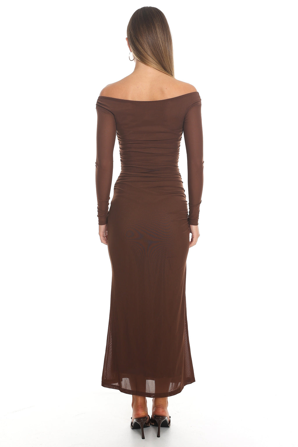 In Blooms Off Shoulder Mesh Maxi Dress Chocolate