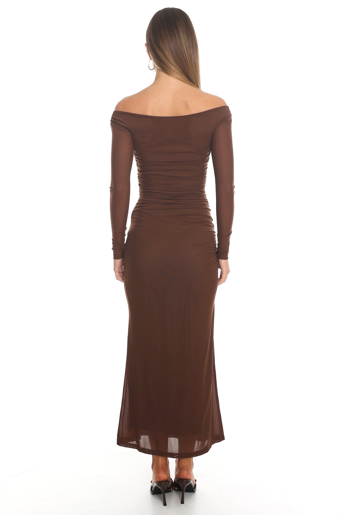 In Blooms Off Shoulder Mesh Maxi Dress Chocolate