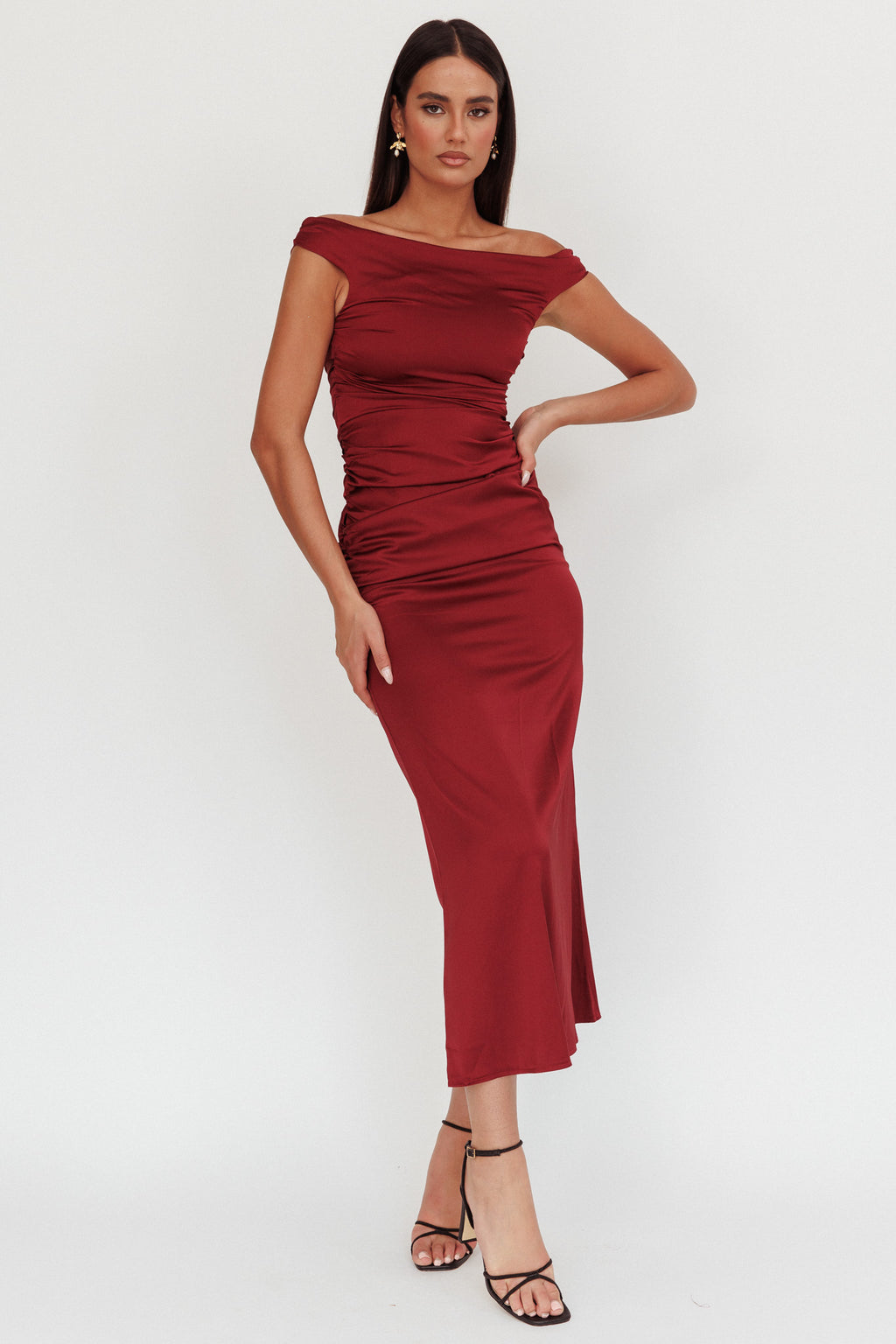 In Blooms Off Shoulder Satin Maxi Dress Wine by Selfie Leslie