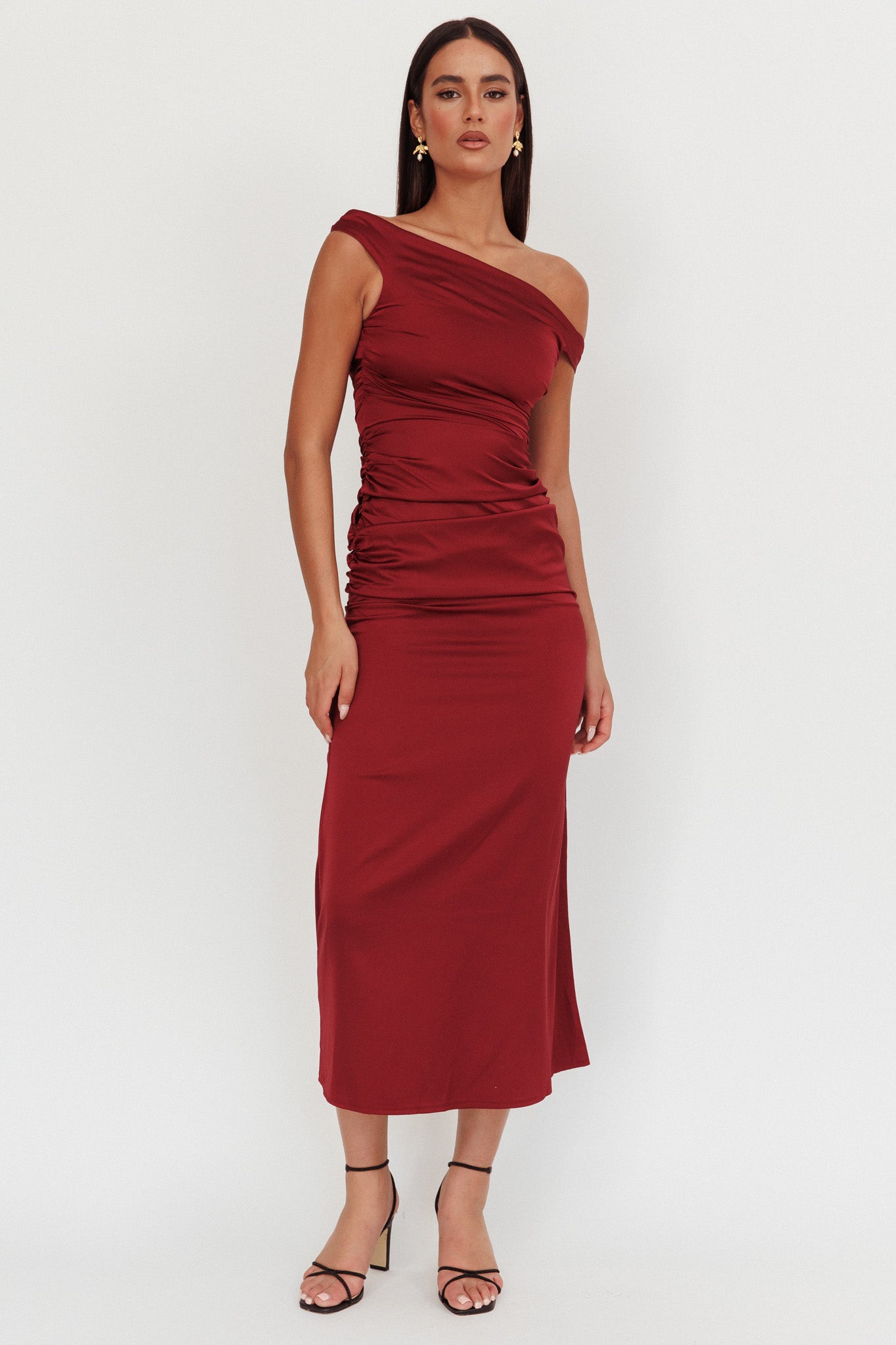 In Blooms Off Shoulder Satin Maxi Dress Wine by Selfie Leslie