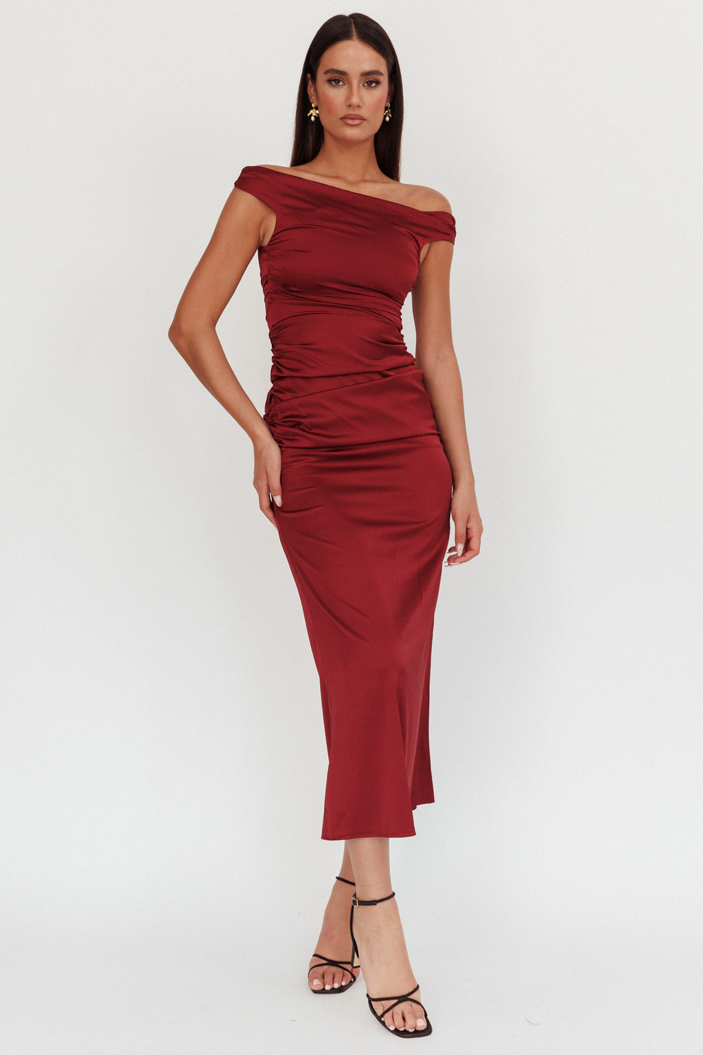 In Blooms Off Shoulder Satin Maxi Dress Wine by Selfie Leslie