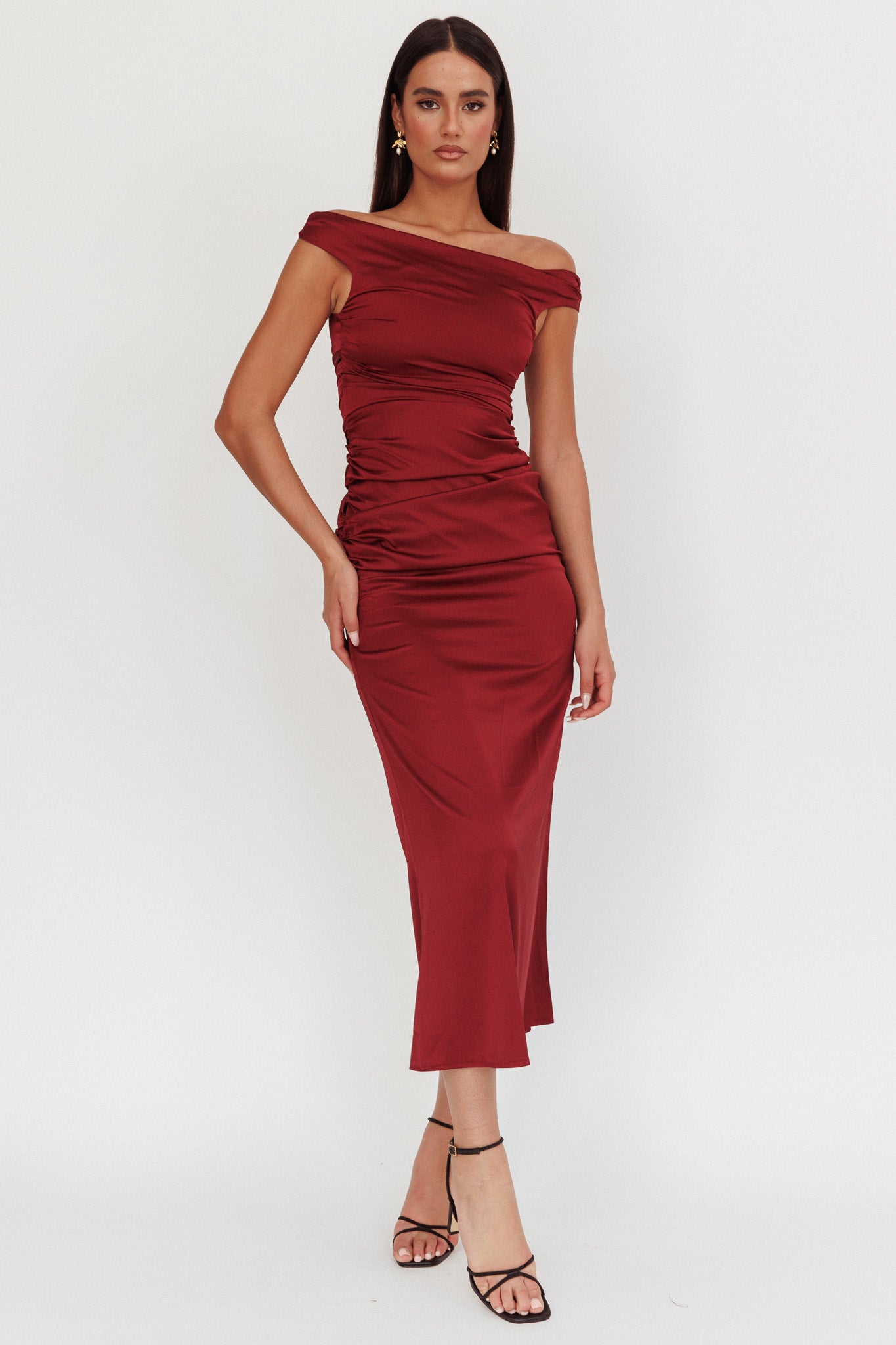In Blooms Off Shoulder Satin Maxi Dress Wine by Selfie Leslie