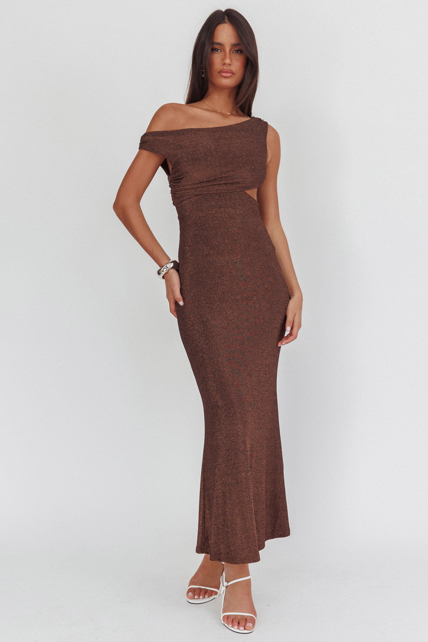 In Blooms Asymmetric Neckline Maxi Dress Shimmer Chocolate by Selfie Leslie