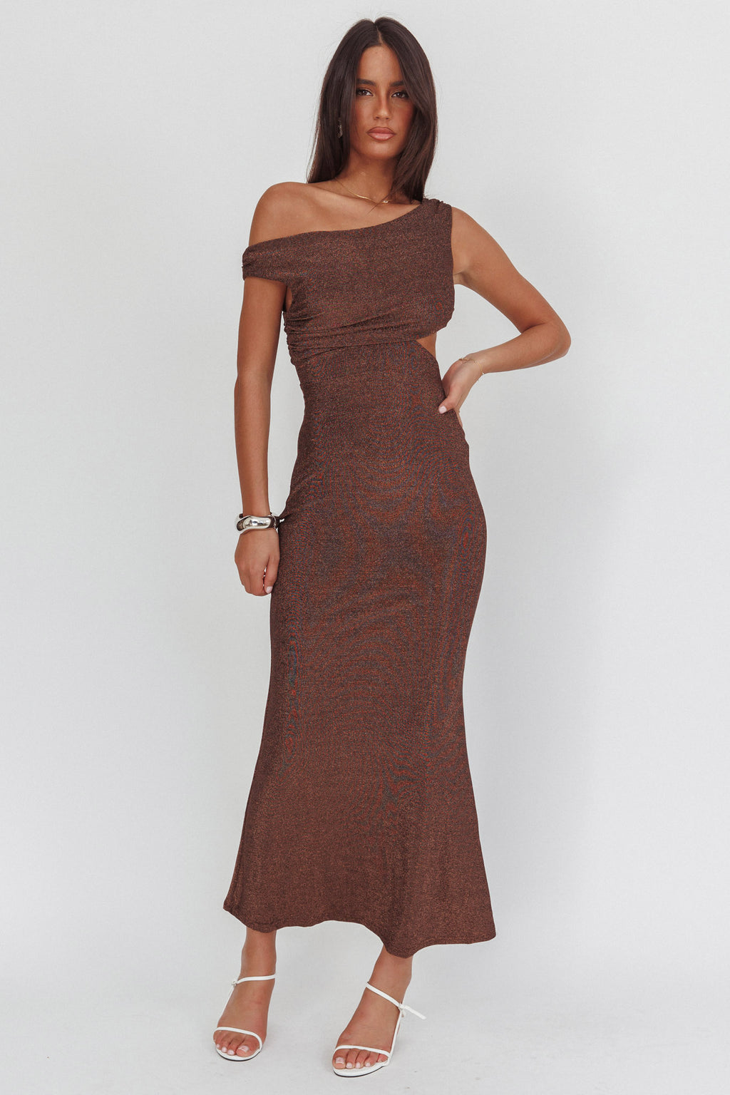 In Blooms Asymmetric Neckline Maxi Dress Shimmer Chocolate by Selfie Leslie