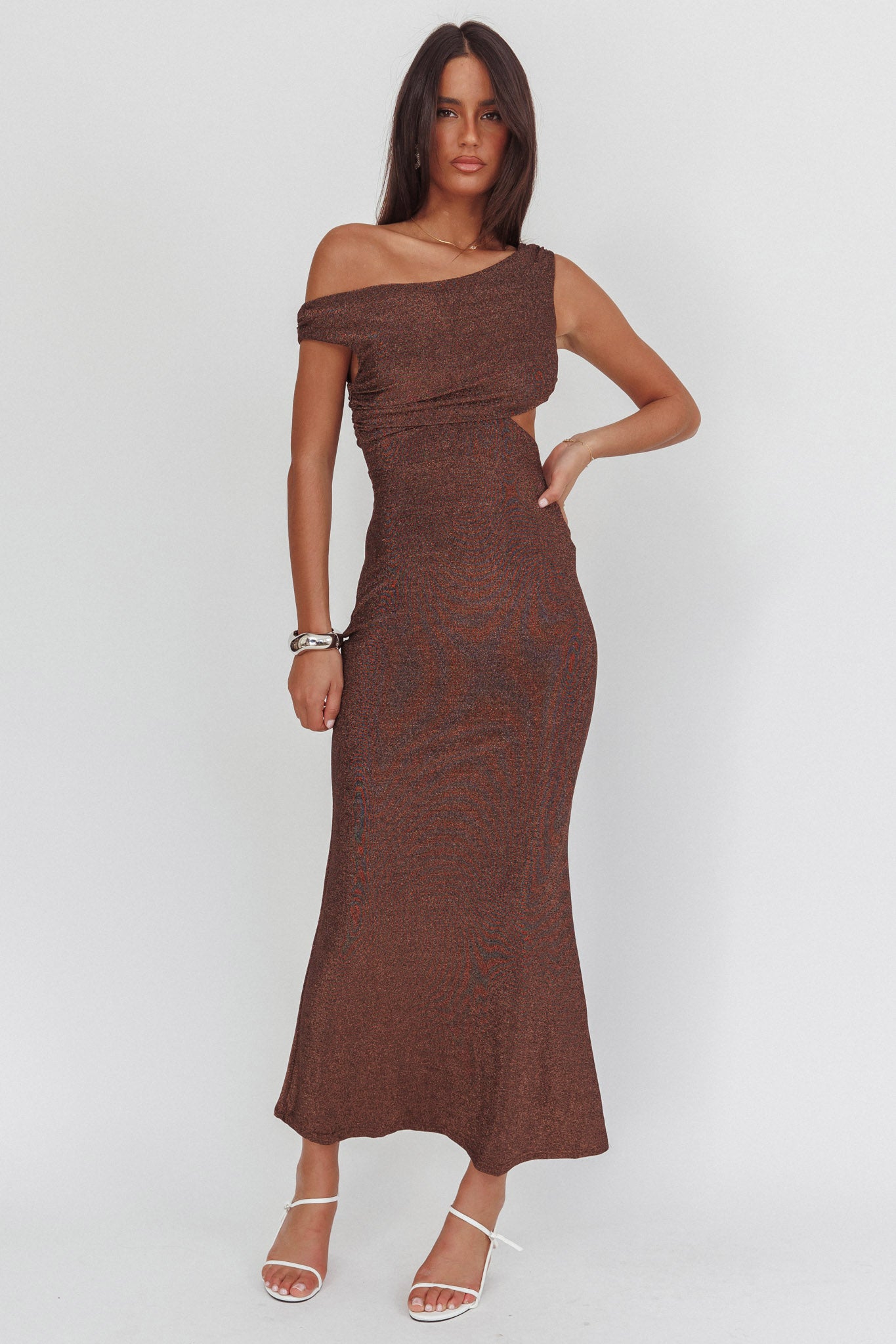 In Blooms Asymmetric Neckline Maxi Dress Shimmer Chocolate by Selfie Leslie