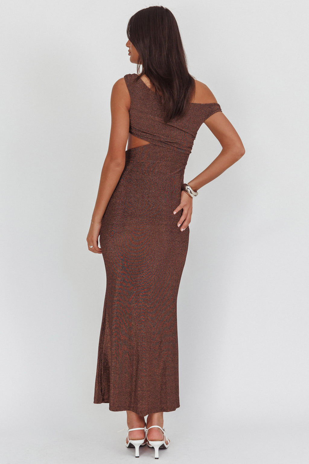 In Blooms Asymmetric Neckline Maxi Dress Shimmer Chocolate by Selfie Leslie