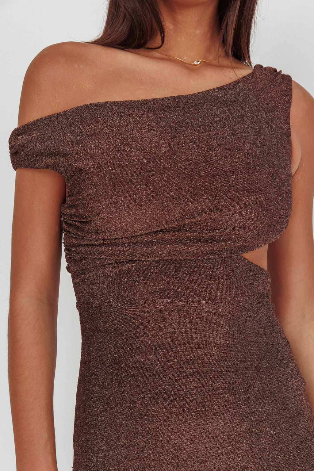 In Blooms Asymmetric Neckline Maxi Dress Shimmer Chocolate by Selfie Leslie