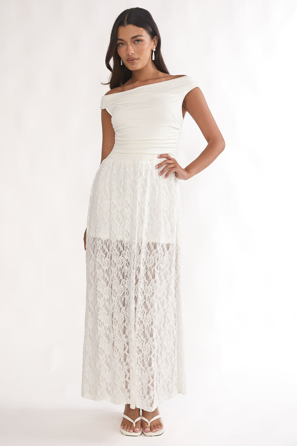 off shoulder white lace maxi dress In Blooms Off-Shoulder Lace Maxi Dress White
