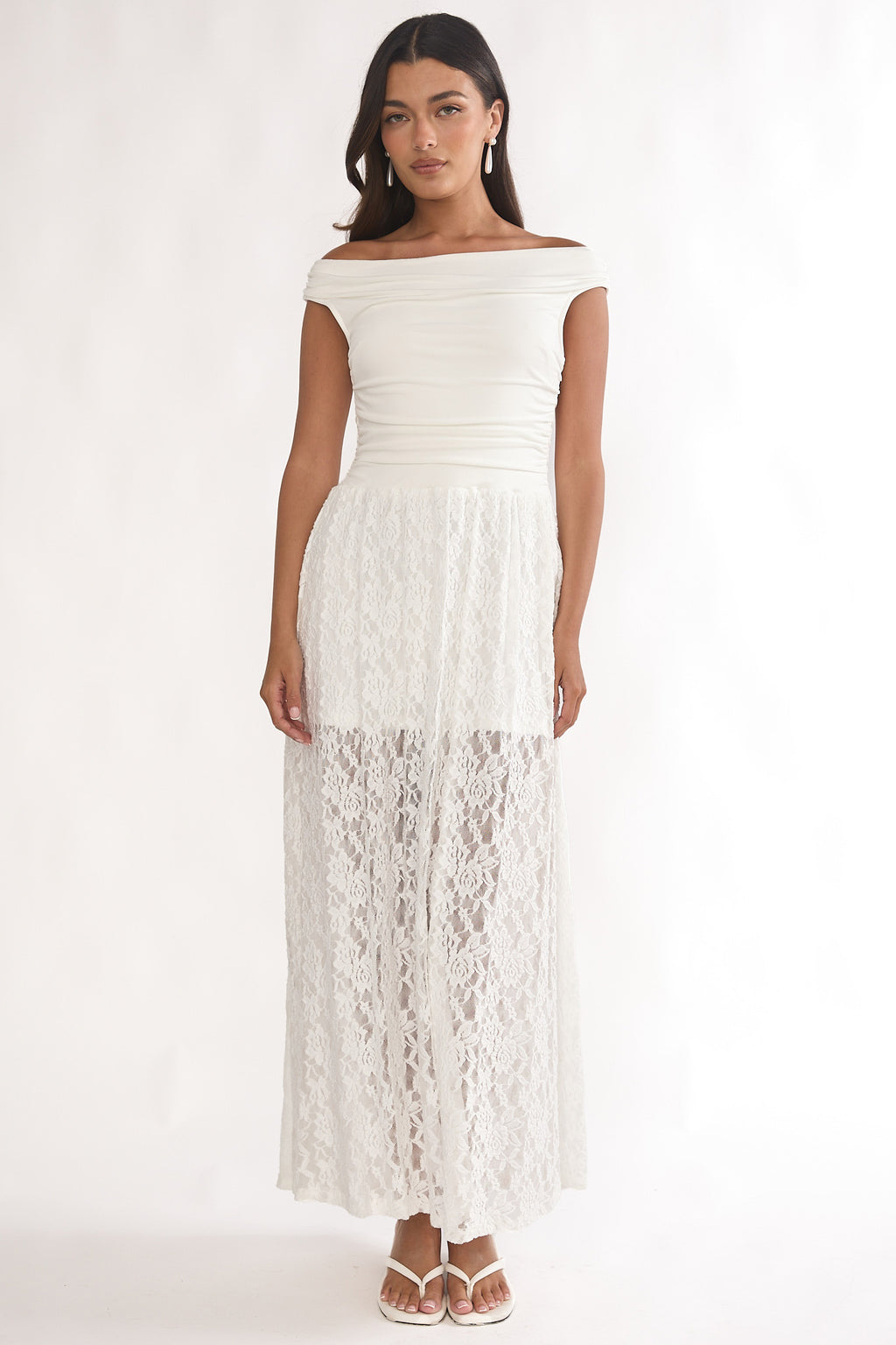 In Blooms Off-Shoulder Lace Maxi Dress White by Selfie Leslie