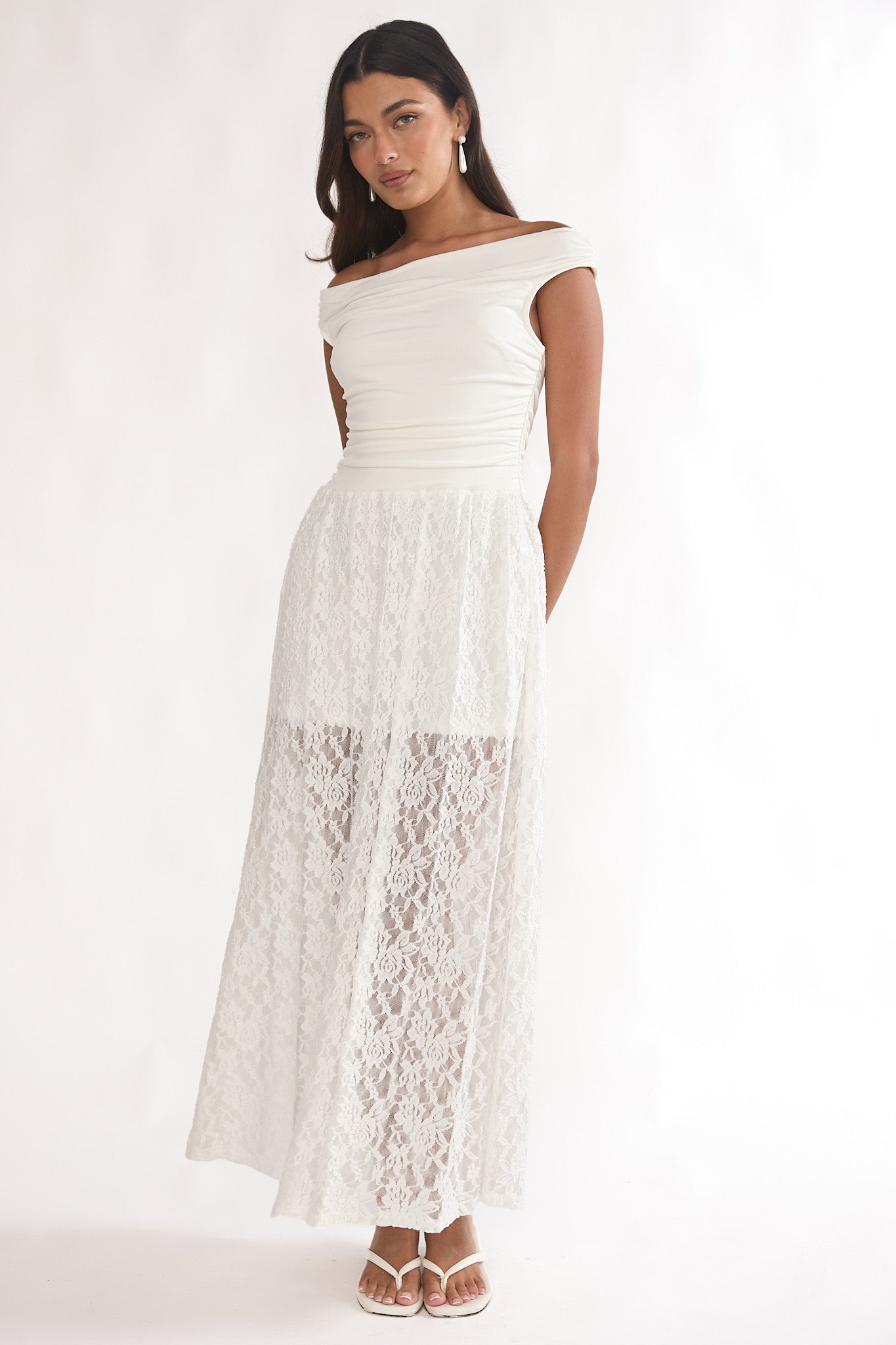 In Blooms Off-Shoulder Lace Maxi Dress White Selfie Leslie In Blooms Off-Shoulder Lace Maxi Dress White Selfie Leslie