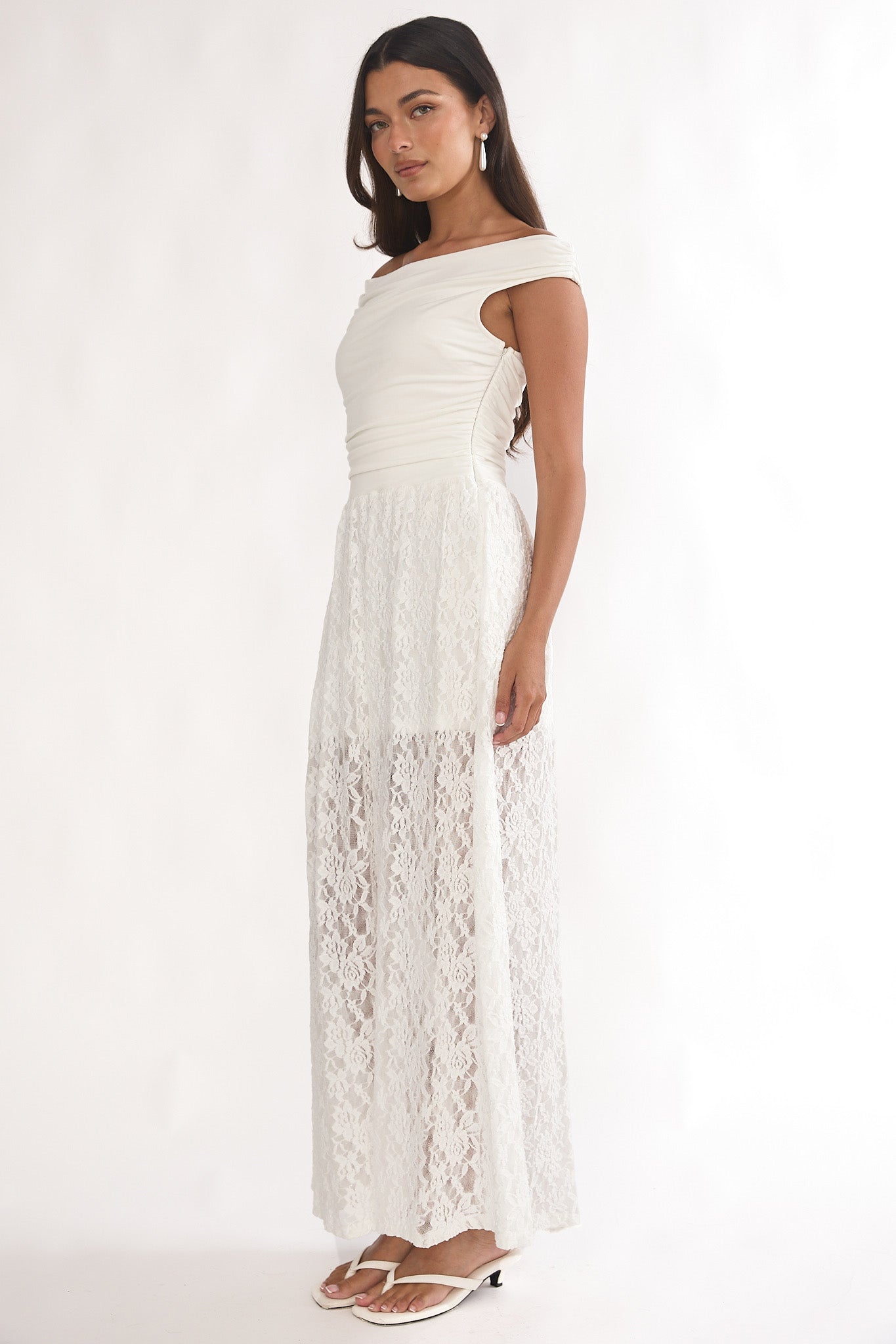 In Blooms Off-Shoulder Lace Maxi Dress White by Selfie Leslie