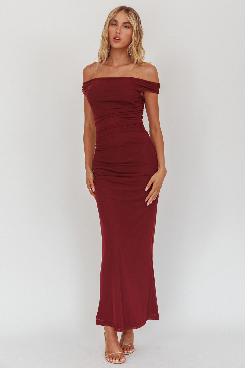 In Blooms Off Shoulder Mesh Midi Dress Wine by Selfie Leslie