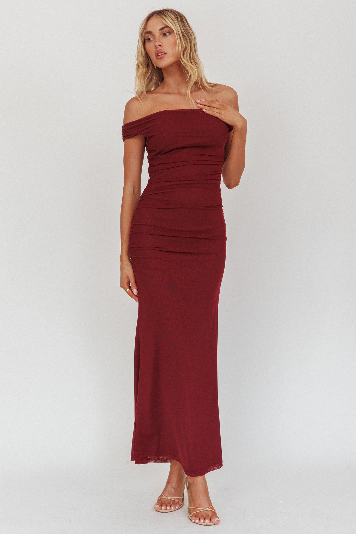 In Blooms Off Shoulder Mesh Midi Dress Wine Selfie Leslie