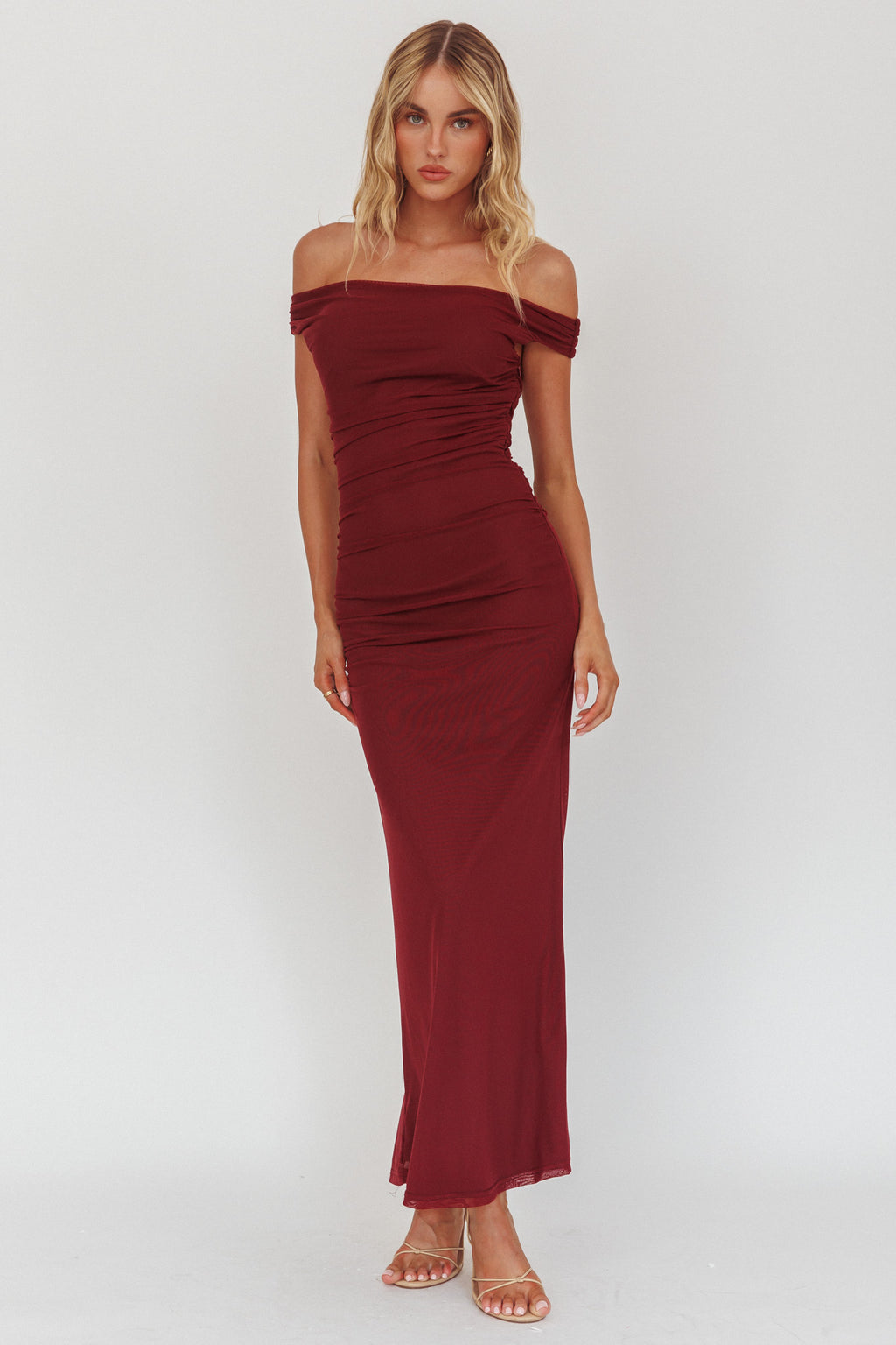 In Blooms Off Shoulder Mesh Midi Dress Wine by Selfie Leslie