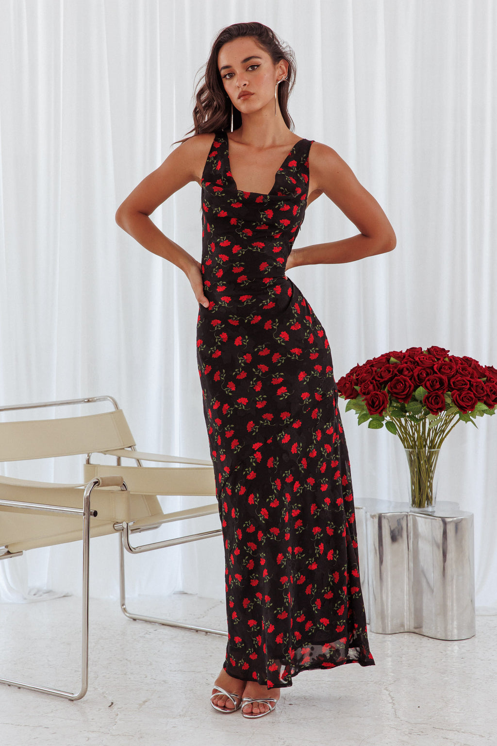 Countdown Cowl Neck Maxi Dress Print Black by Selfie Leslie