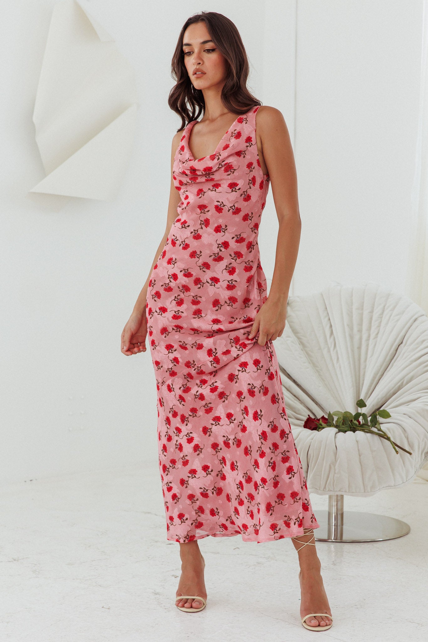 Countdown Cowl Neck Maxi Dress Print Pink by Selfie Leslie