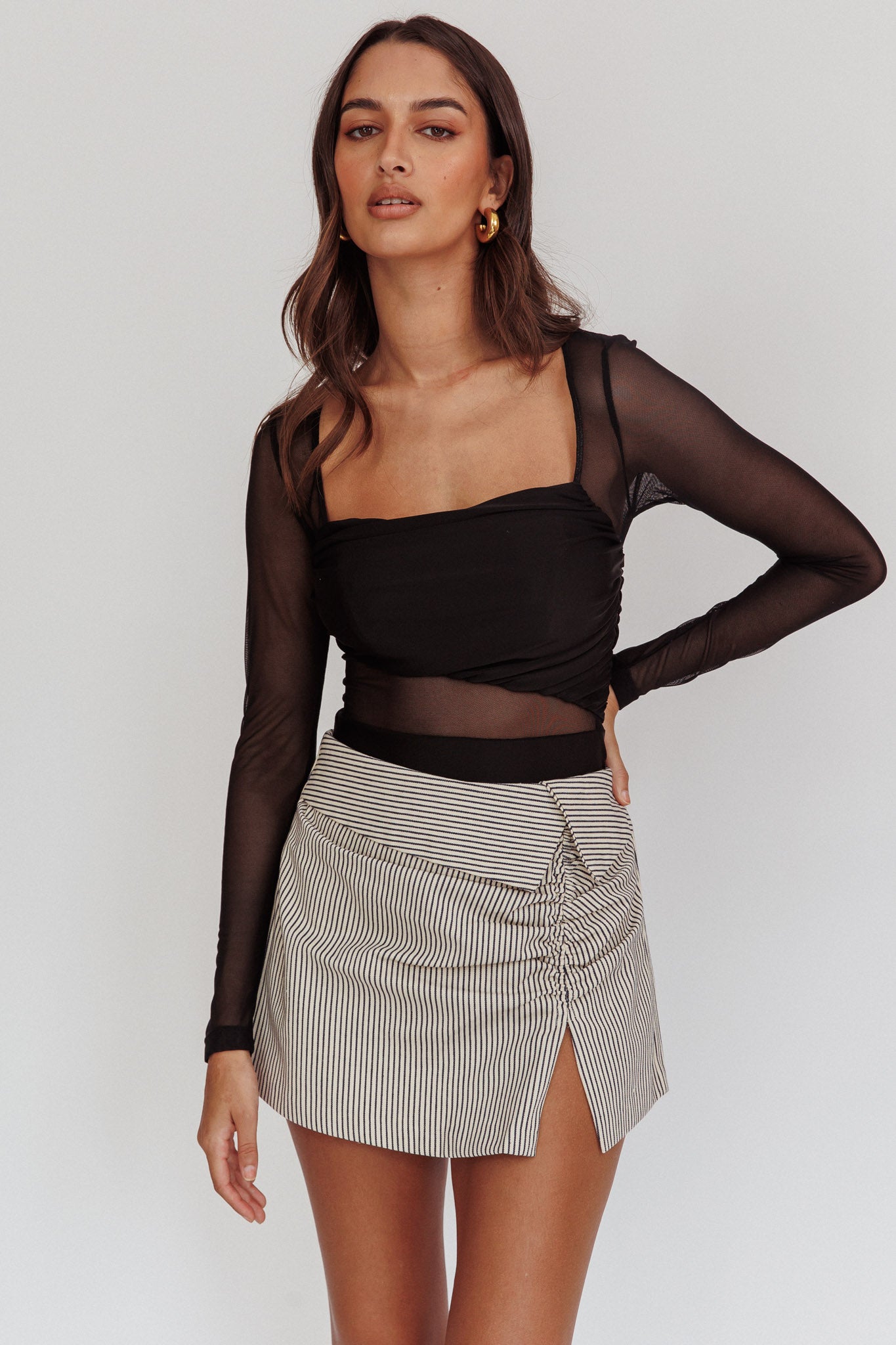 Toronto Long Sleeve Partial Sheer Bodysuit Black– Selfie Leslie