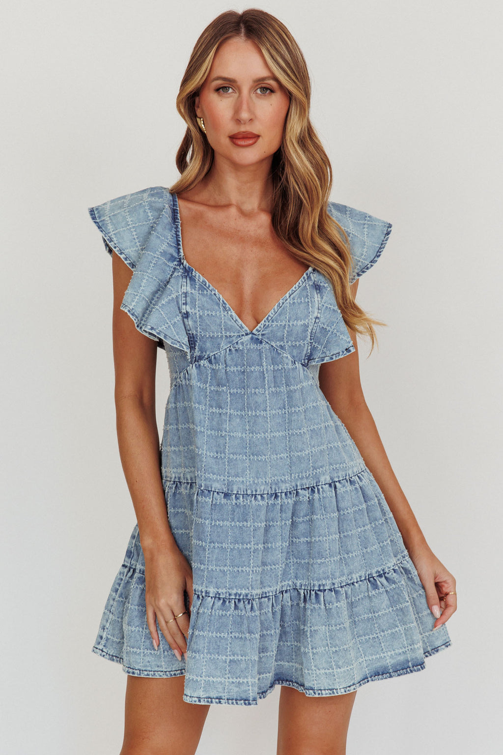 Daffodil Ruffle A-Line Mini Dress Light Blue by Selfie Leslie