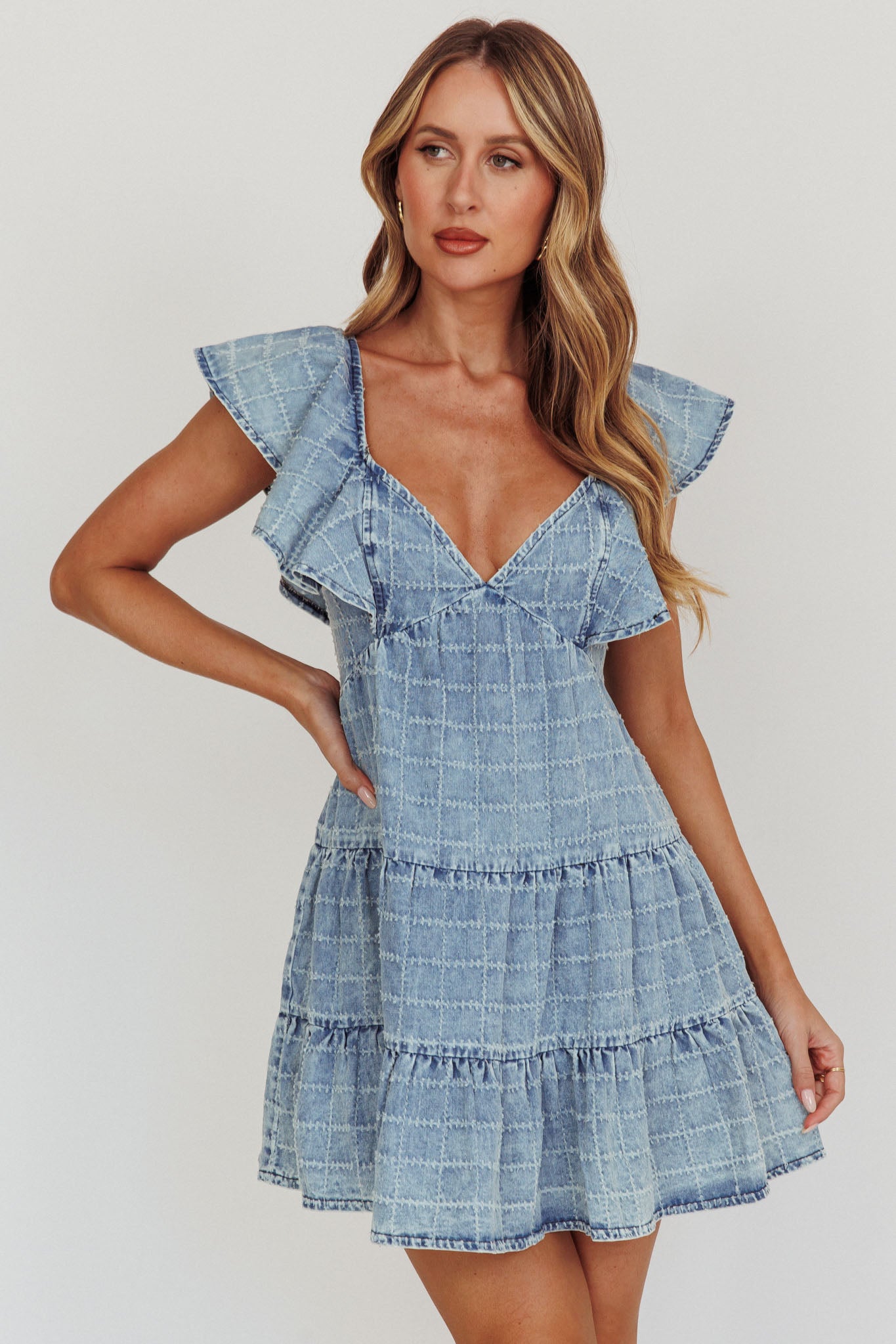 Daffodil Ruffle A-Line Mini Dress Light Blue by Selfie Leslie