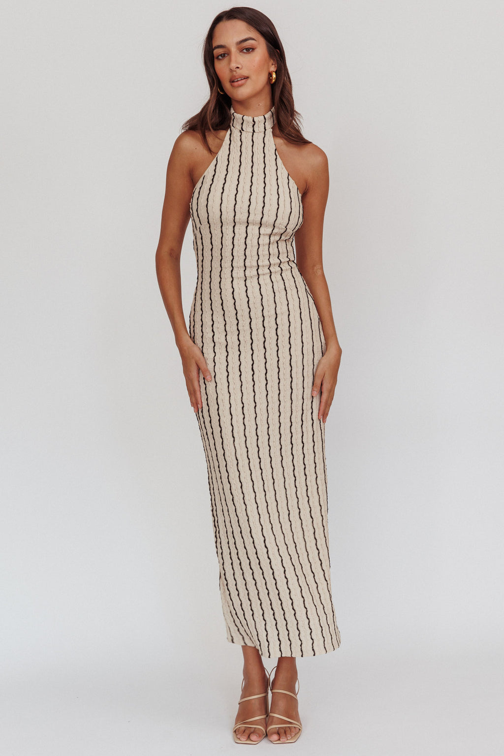 Kimchi Mockneck Halter Maxi Dress Beige by Selfie Leslie
