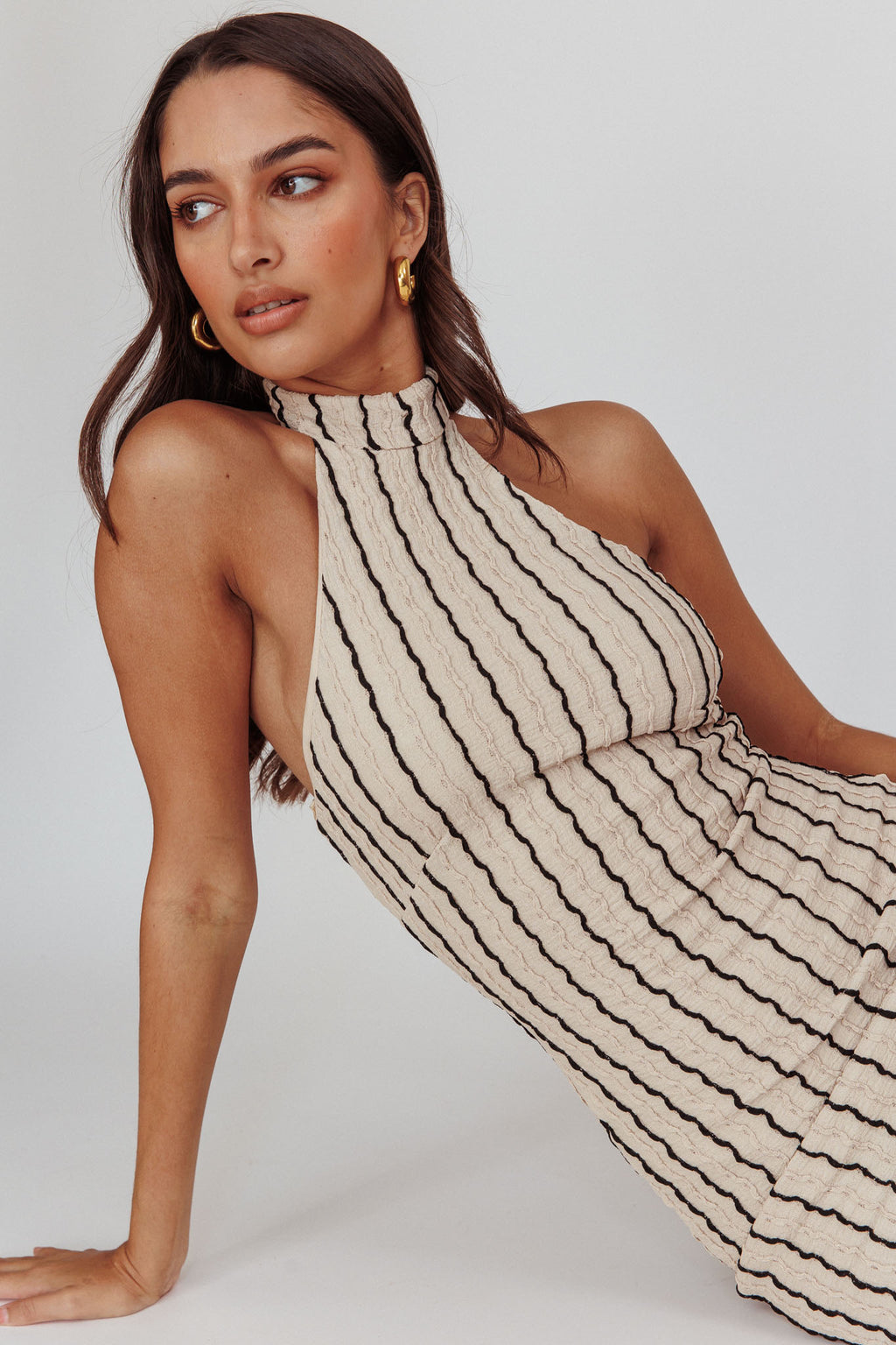 Kimchi Mockneck Halter Maxi Dress Beige by Selfie Leslie