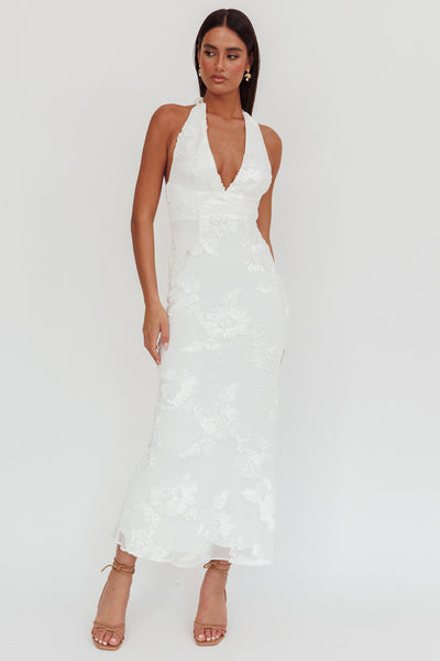 Cipriana Backless Halter Maxi Dress Embellished White M