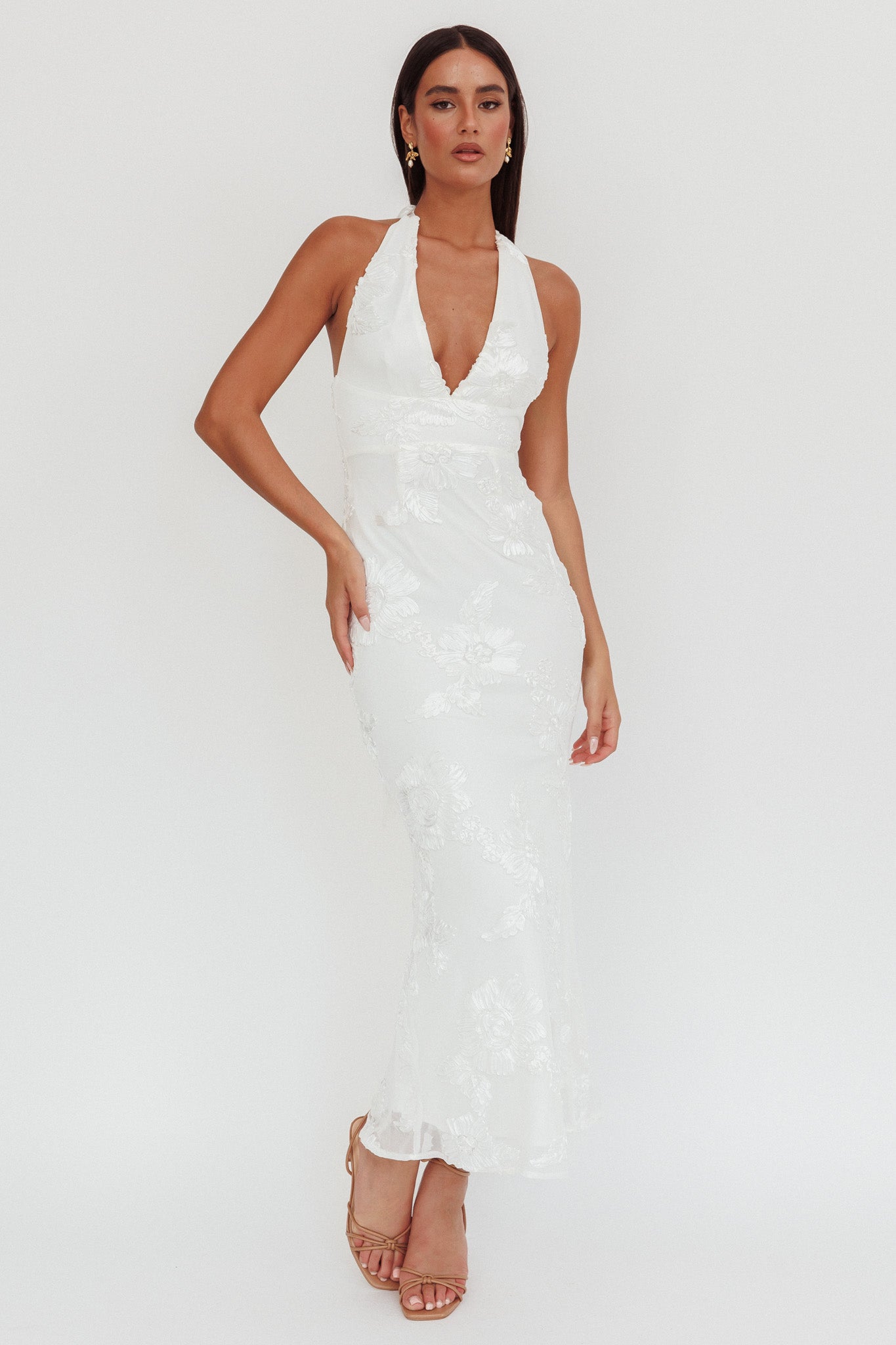 Cipriana Backless Halter Maxi Dress Embellished Floral White XL Cipriana Backless Halter Maxi Dress Embellished Floral White XL