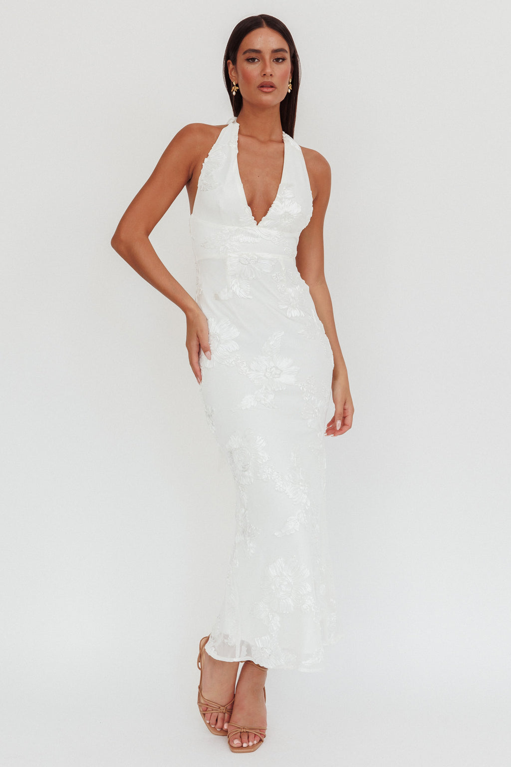 Cipriana Backless Halter Maxi Dress Embellished White by Selfie Leslie