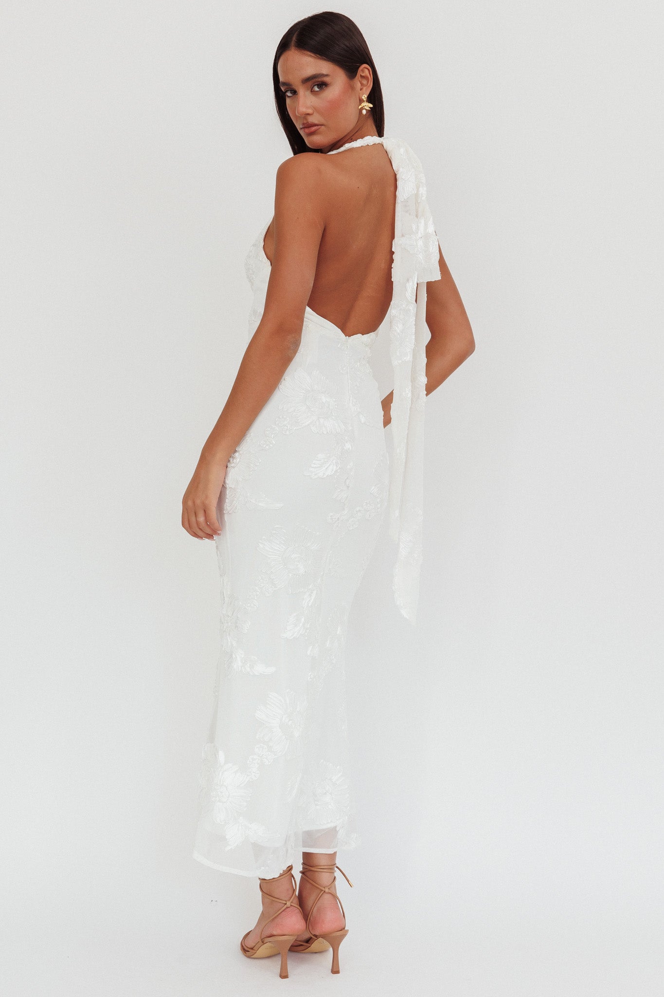 Cipriana Backless Halter Maxi Dress Embellished White by Selfie Leslie