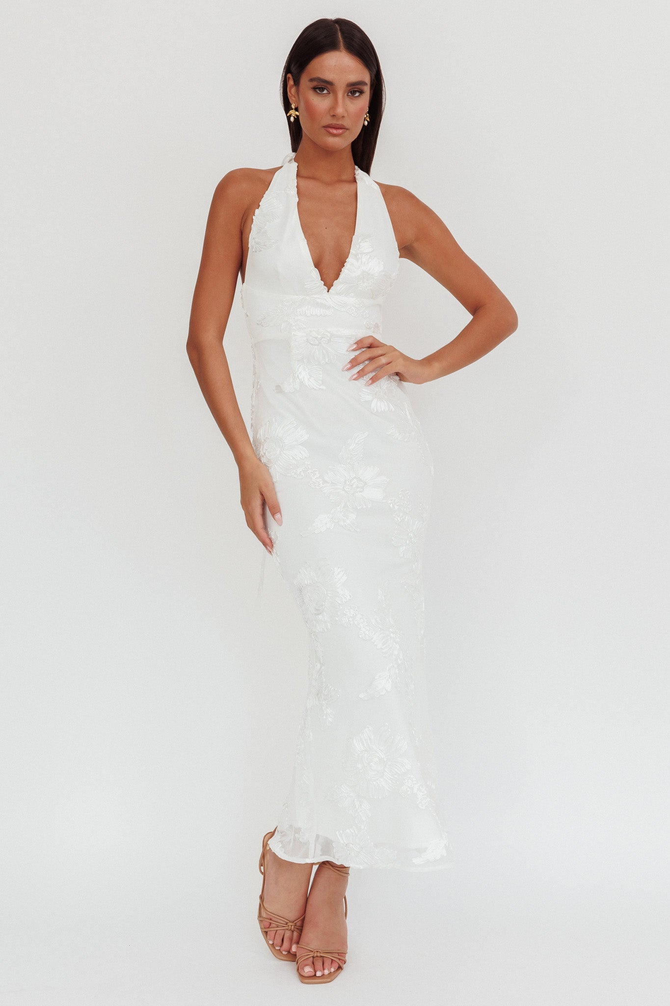 Cipriana Backless Halter Maxi Dress Embellished White– Selfie Leslie