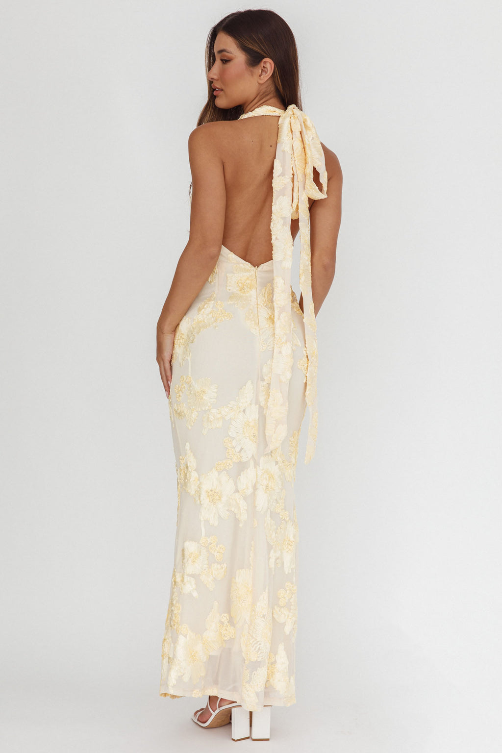 Cipriana Backless Halter Maxi Dress Embellished Yellow Selfie Leslie Cipriana Backless Halter Maxi Dress Embellished Yellow Selfie Leslie