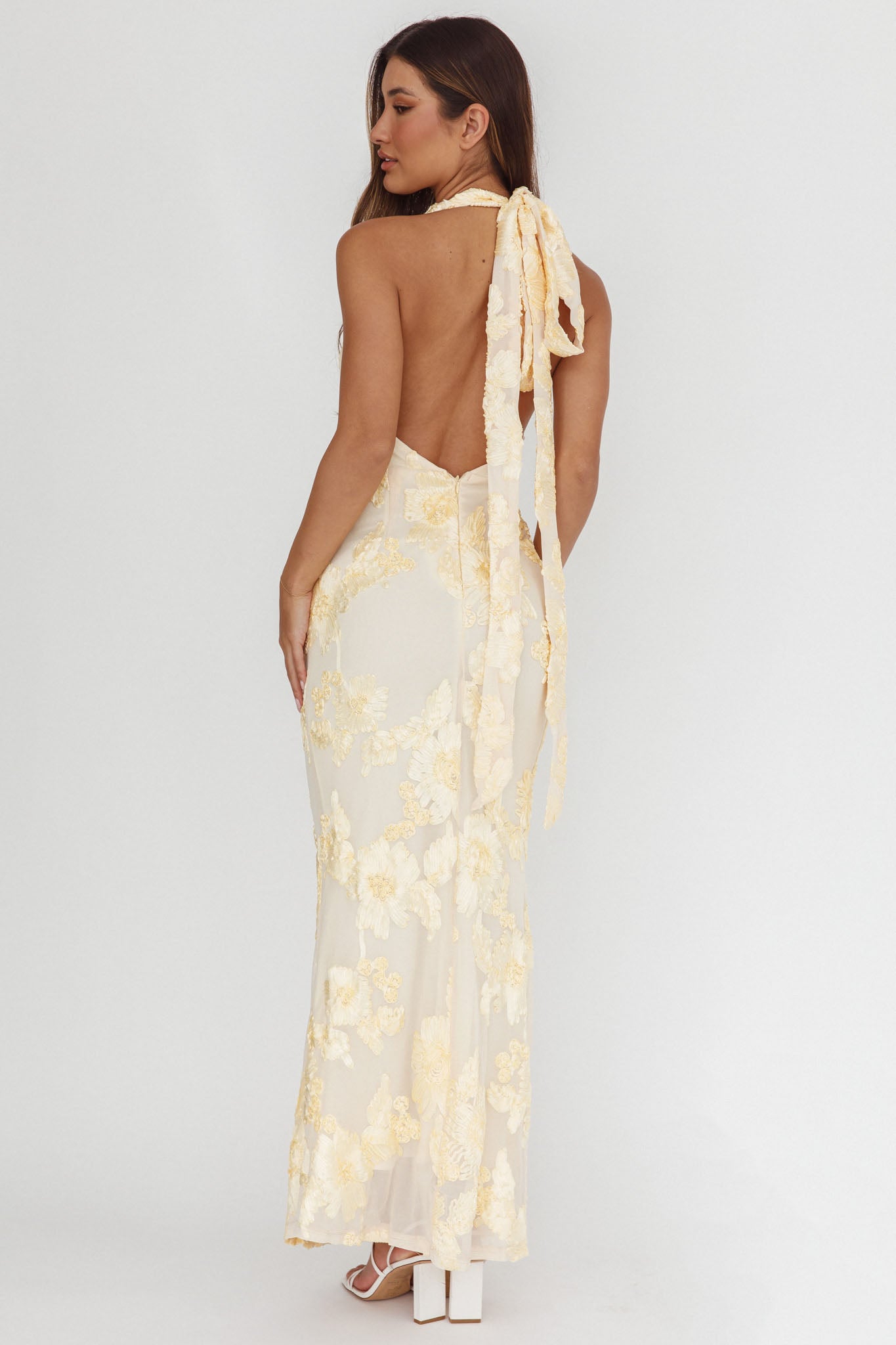 Cipriana Backless Halter Maxi Dress Embellished Yellow Selfie Leslie Cipriana Backless Halter Maxi Dress Embellished Yellow Selfie Leslie