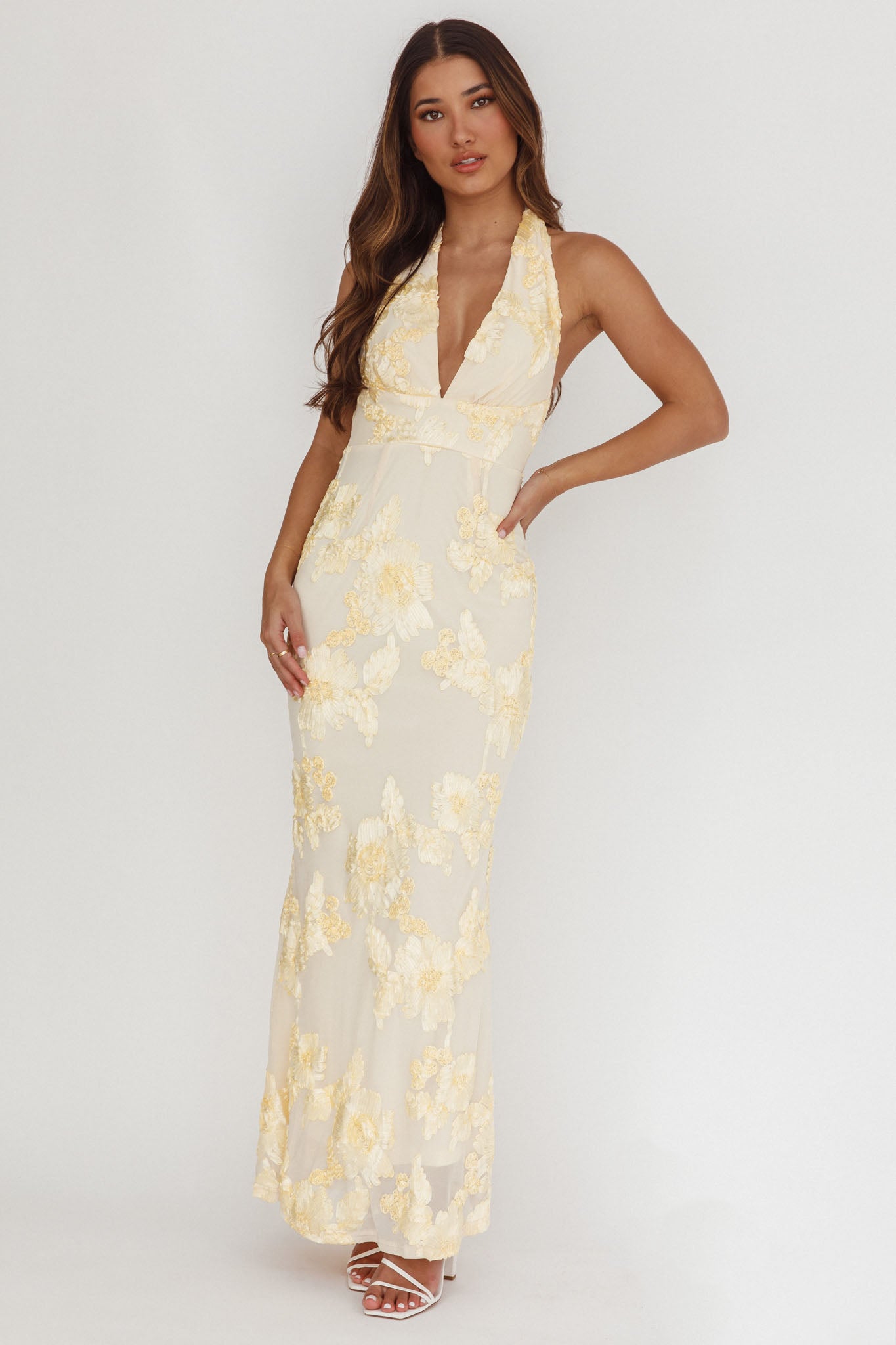 Cipriana Backless Halter Maxi Dress Embellished Yellow Selfie Leslie Cipriana Backless Halter Maxi Dress Embellished Yellow Selfie Leslie