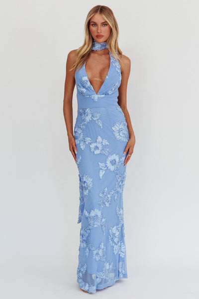 Cipriana Backless Halter Maxi Dress Embellished Blue Cipriana Backless Halter Maxi Dress Embellished Blue