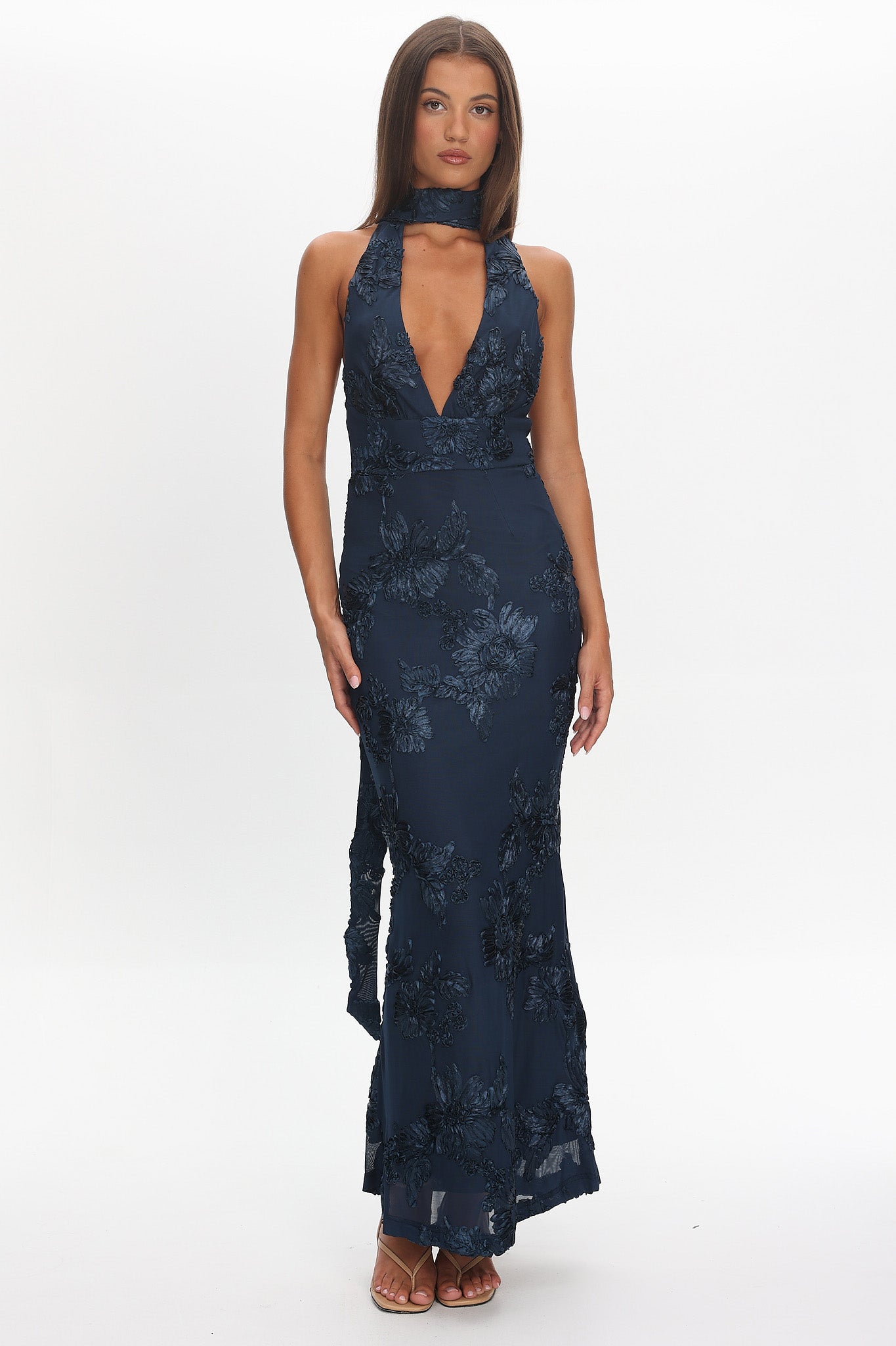 Cipriana Backless Halter Maxi Dress Embellished Navy by Selfie Leslie