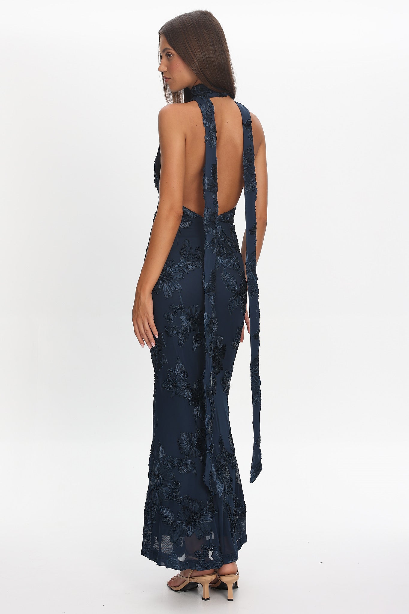 Cipriana Backless Halter Maxi Dress Embellished Navy Selfie Leslie Cipriana Backless Halter Maxi Dress Embellished Navy Selfie Leslie