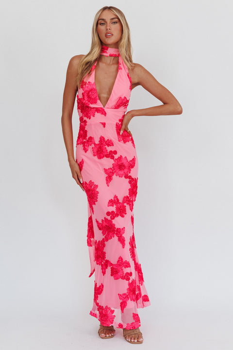 halter floral print chiffon maxi dress Pink Tulle Floral Ruffle Halter Maxi Dress Pink / 6 main image 1