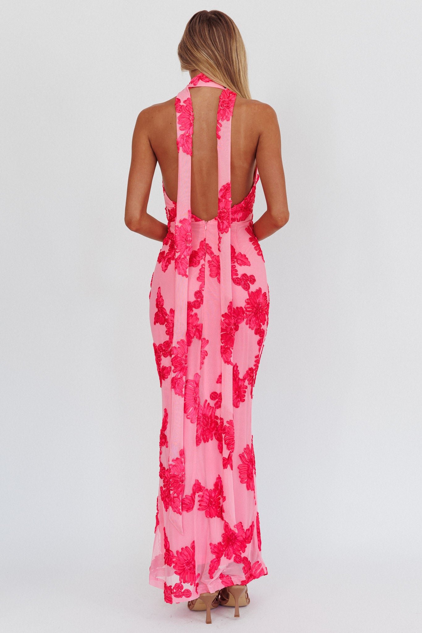Cipriana Backless Halter Maxi Dress Embellished Pink by Selfie Leslie