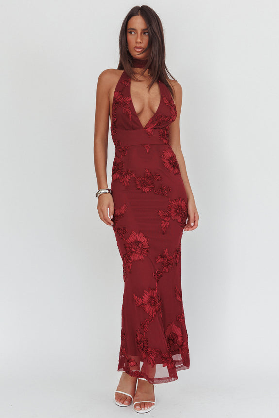Cipriana Backless Halter Maxi Dress Embellished Brown