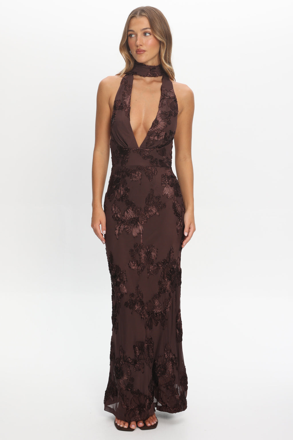Cipriana Backless Halter Maxi Dress Embellished Brown - XL