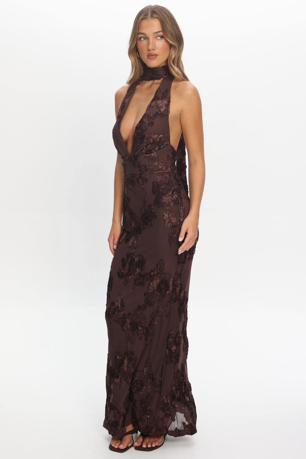 Cipriana Backless Halter Maxi Dress Embellished Brown - XL