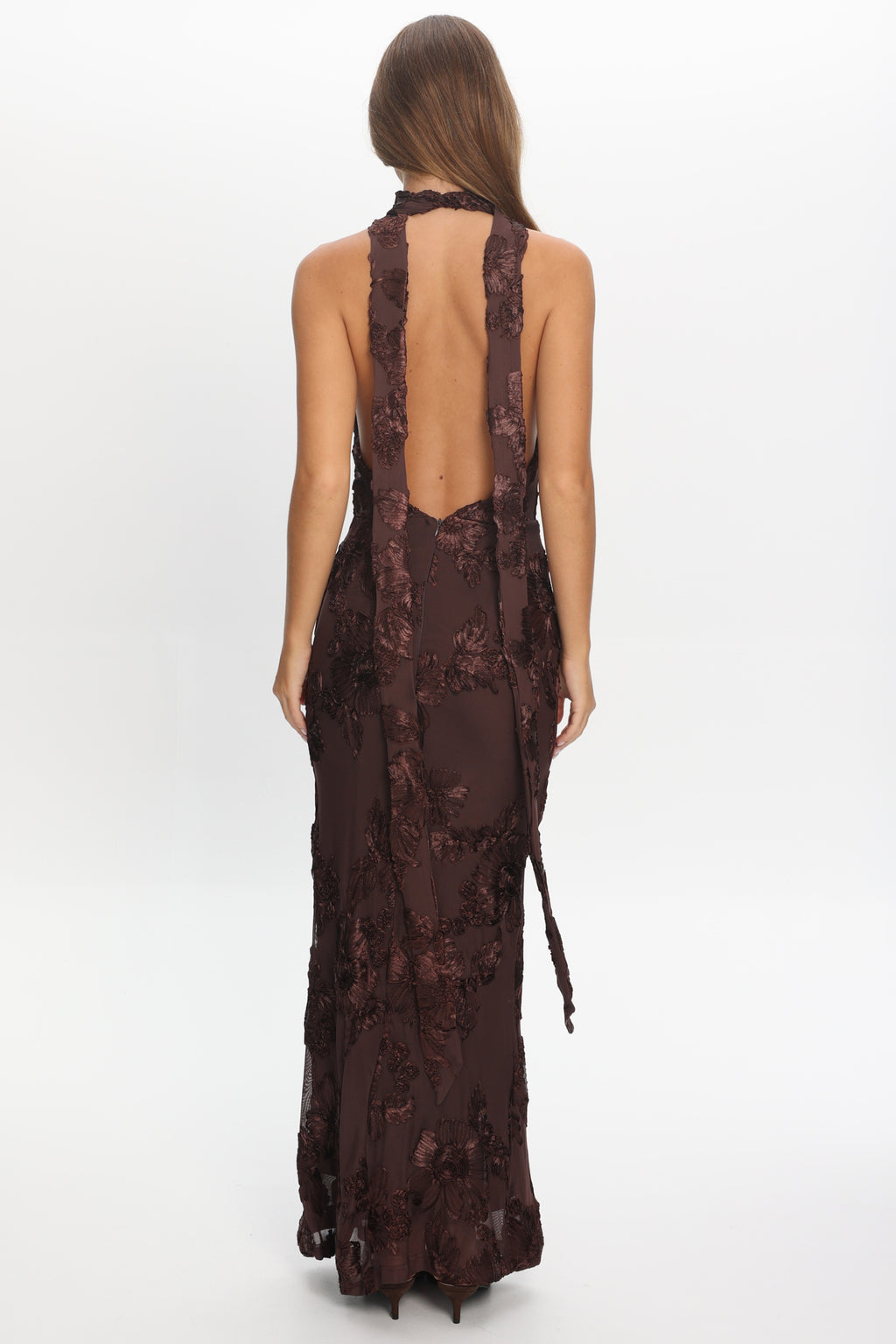 Cipriana Backless Halter Maxi Dress Embellished Brown